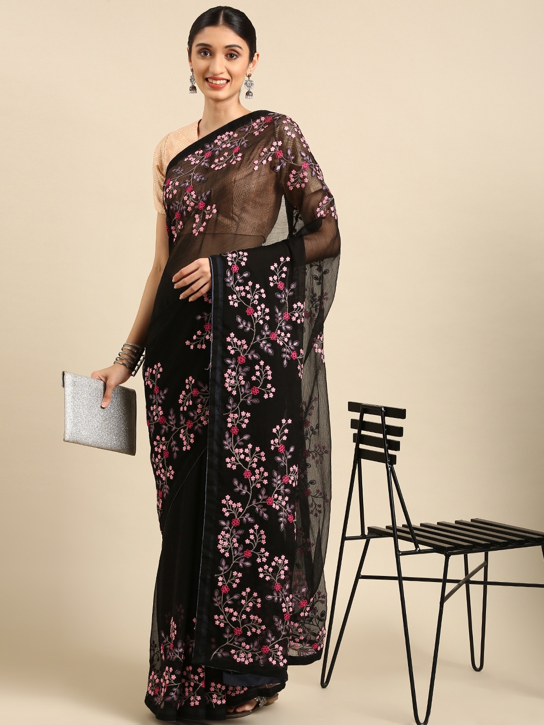 

Shaily Black & Pink Floral Embroidered Pure Chiffon Saree