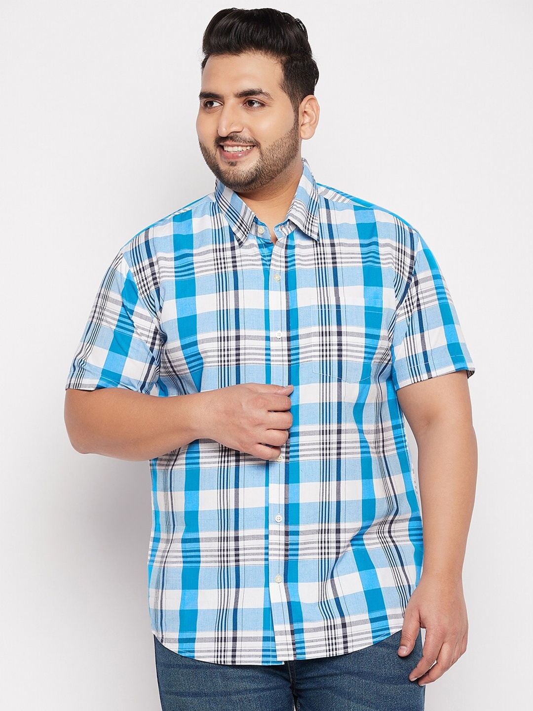 

bigbanana Men Plus Size Blue Tartan Checked Casual Cotton Shirt