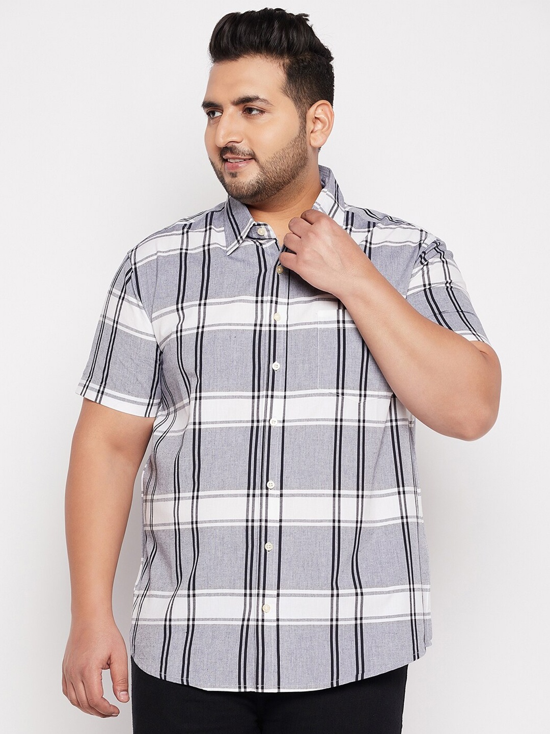

bigbanana Men Plus Size Grey Checked Casual Cotton Shirt
