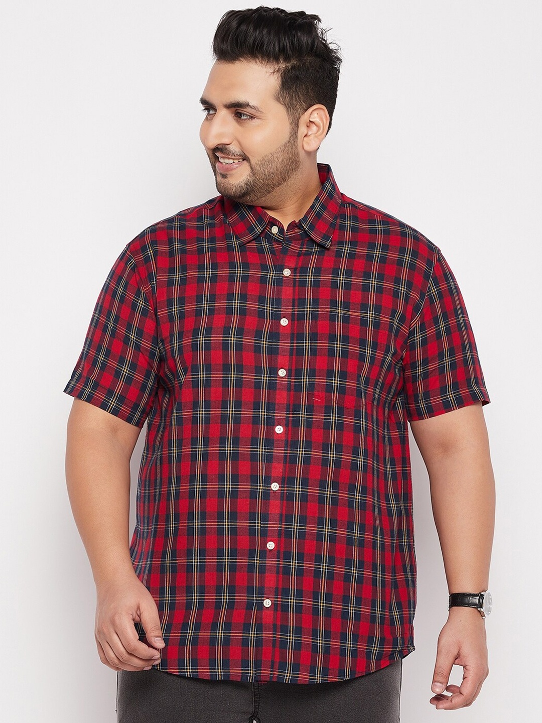 

bigbanana Men Plus Size Red Buffalo Checked Casual Cotton Shirt