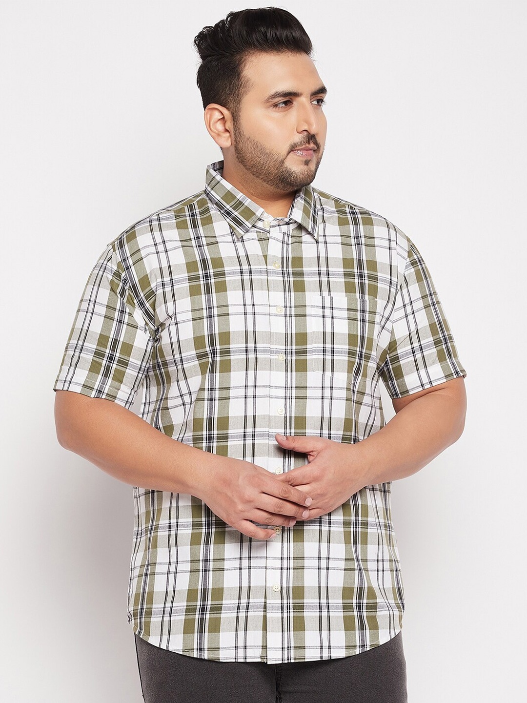 

bigbanana Men Plus Size White Tartan Checked Casual Cotton Shirt