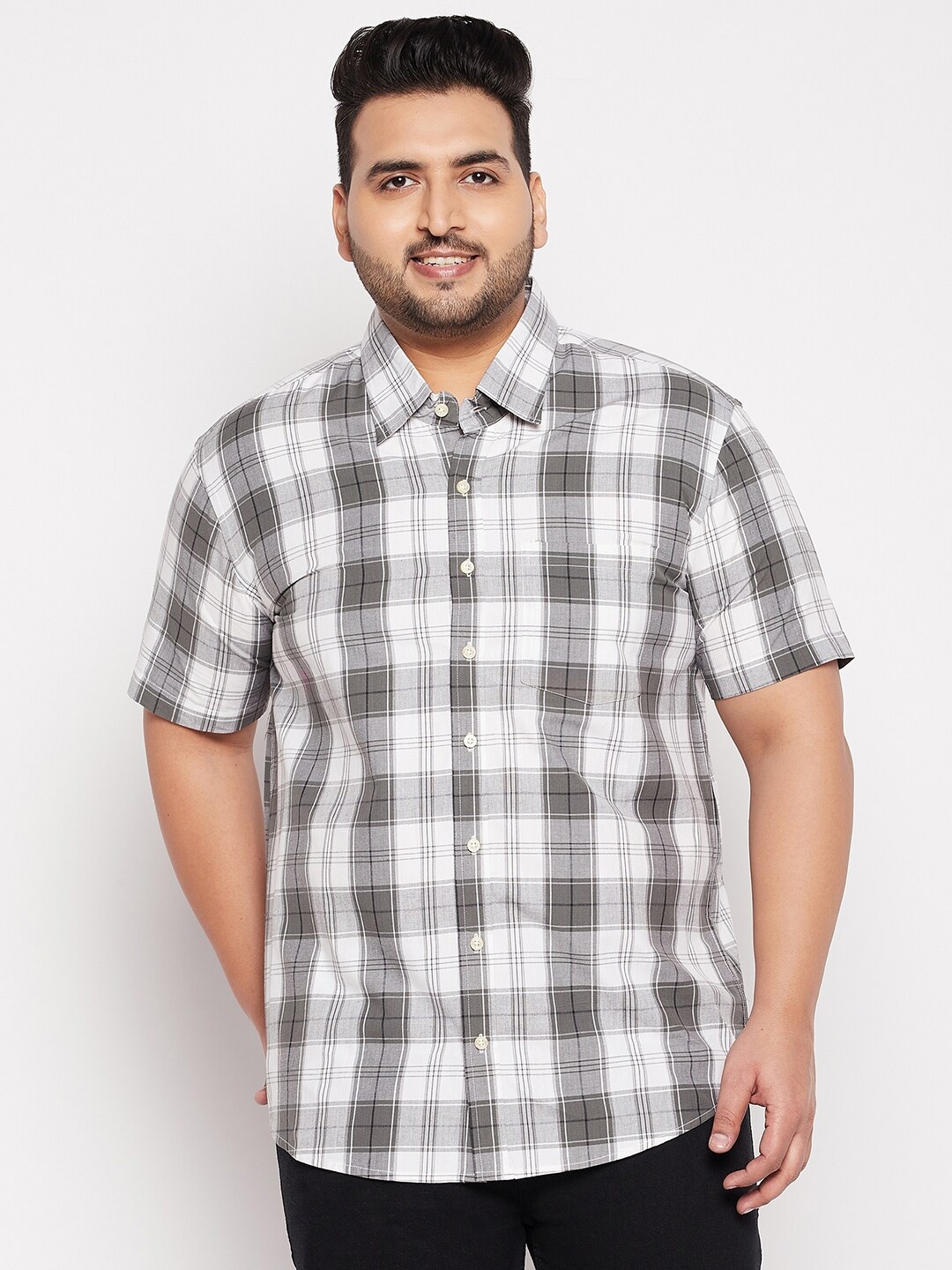 

bigbanana Men Plus Size White Tartan Checked Casual Cotton Shirt
