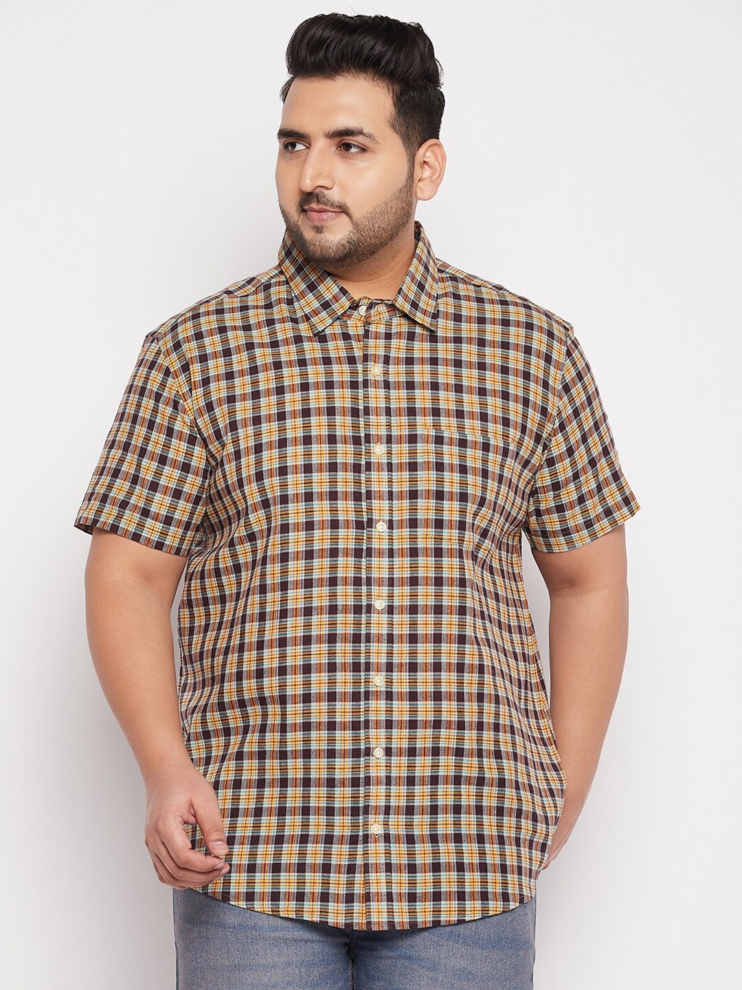 

bigbanana Men Plus Size Yellow Checked Casual Cotton Shirt