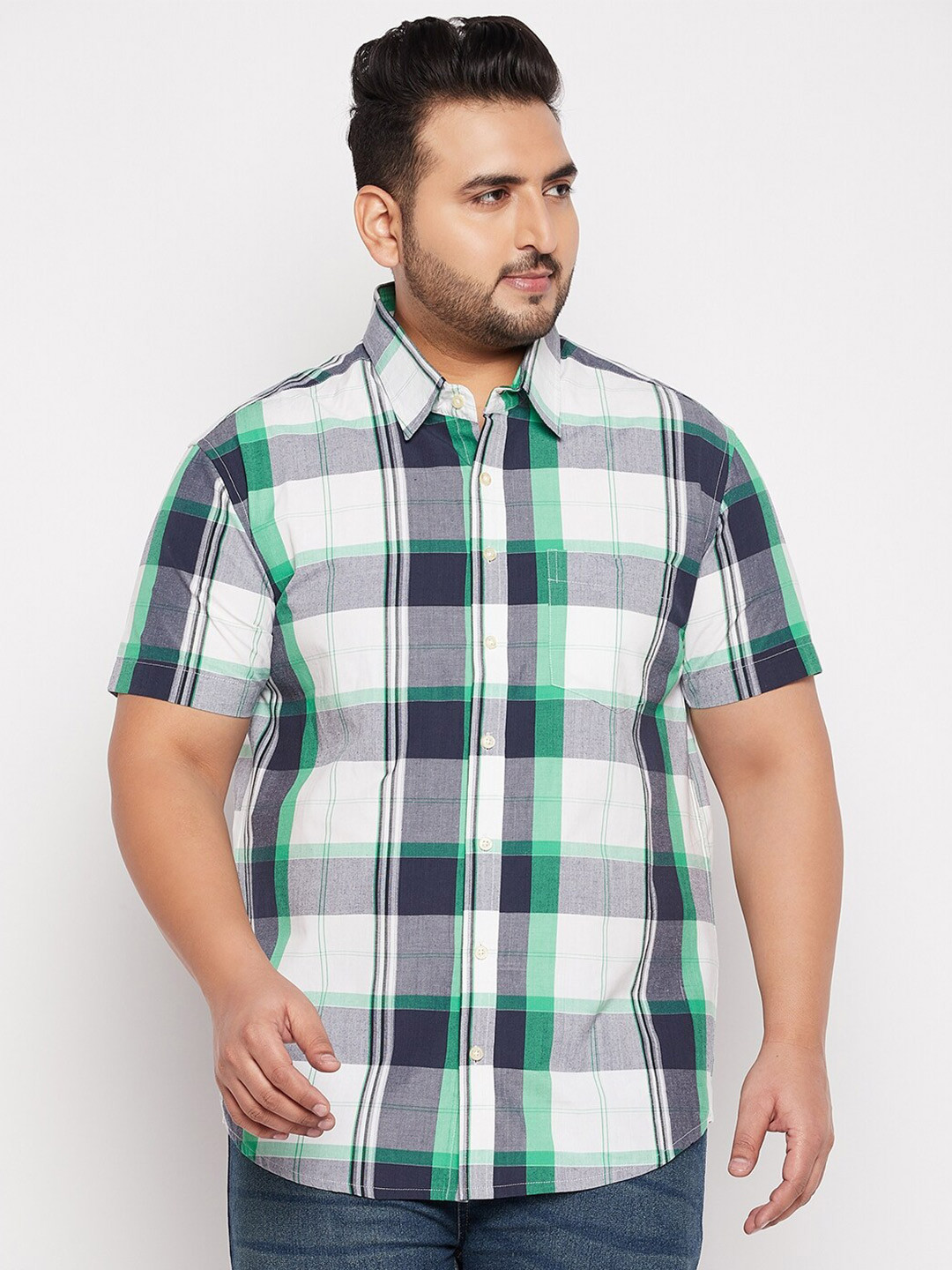 

bigbanana Men Plus Size White Tartan Checked Casual Cotton Shirt