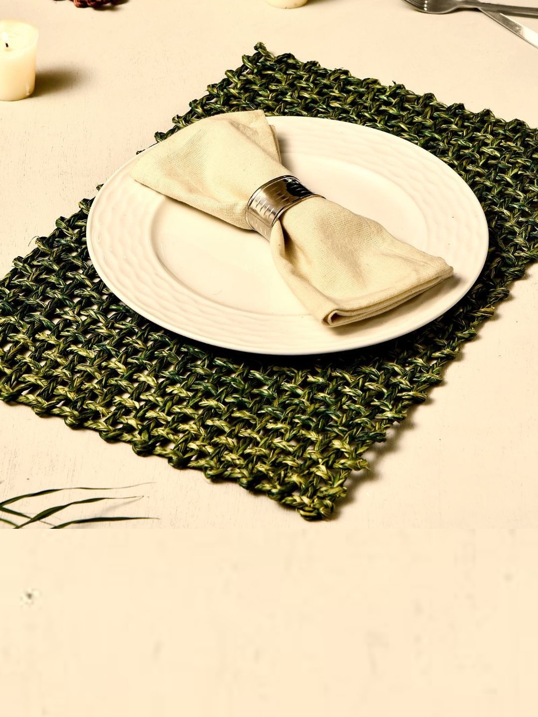 

Unravel India Set Of 2 Green Textured Table Placemats