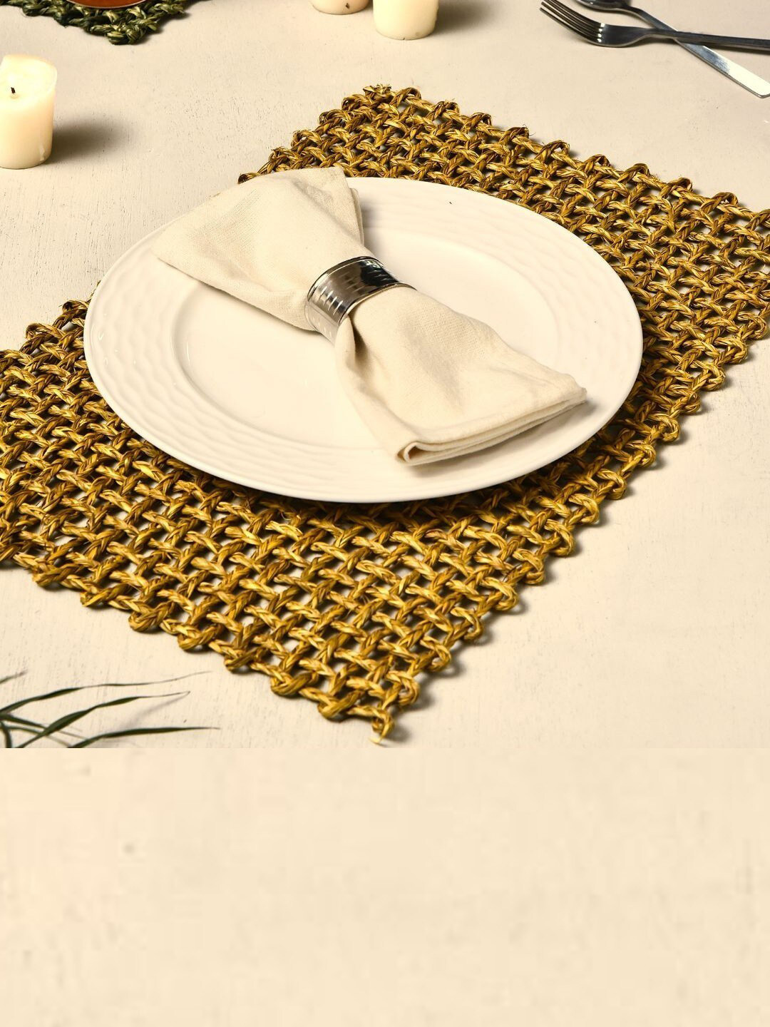 

Unravel India Set of 2 Mustard Yellow Textured Sabai Jali Table Placemats