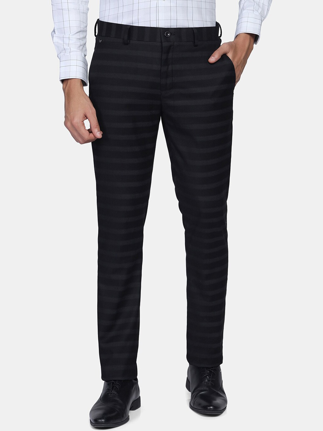 

Blackberrys Men Black Striped Slim Fit Low-Rise Trousers