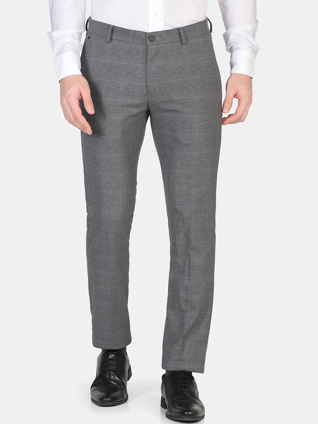 

Blackberrys Men Grey Checked Slim Fit Formal Trousers