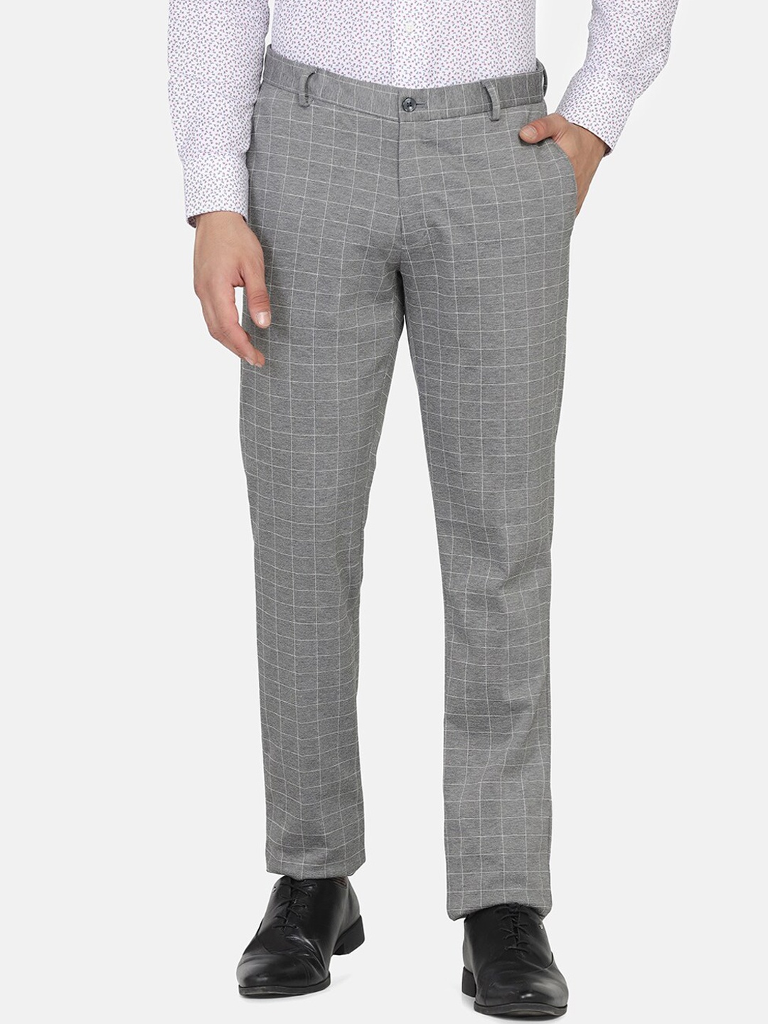 

Blackberrys Men Grey Checked Slim Fit Low-Rise Trousers