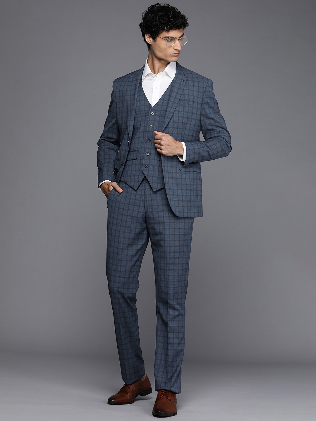 

Louis Philippe Men Single-Breasted Slim Fit Checked Formal 3-Piece Suit, Navy blue