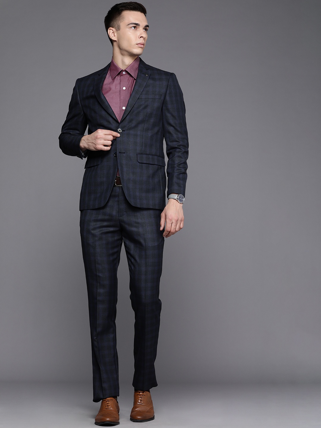 

Louis Philippe Men Slim Fit Checked 2-Piece Formal Suit, Navy blue