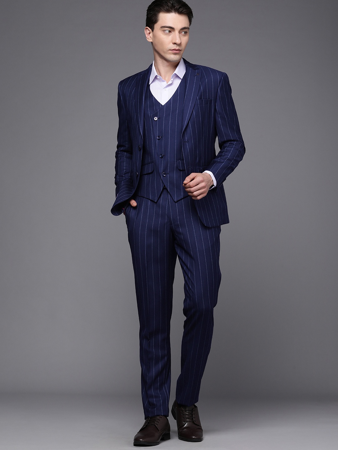 

Louis Philippe Men Striped Slim-Fit Single-Breasted Formal Three-Piece Suit, Navy blue