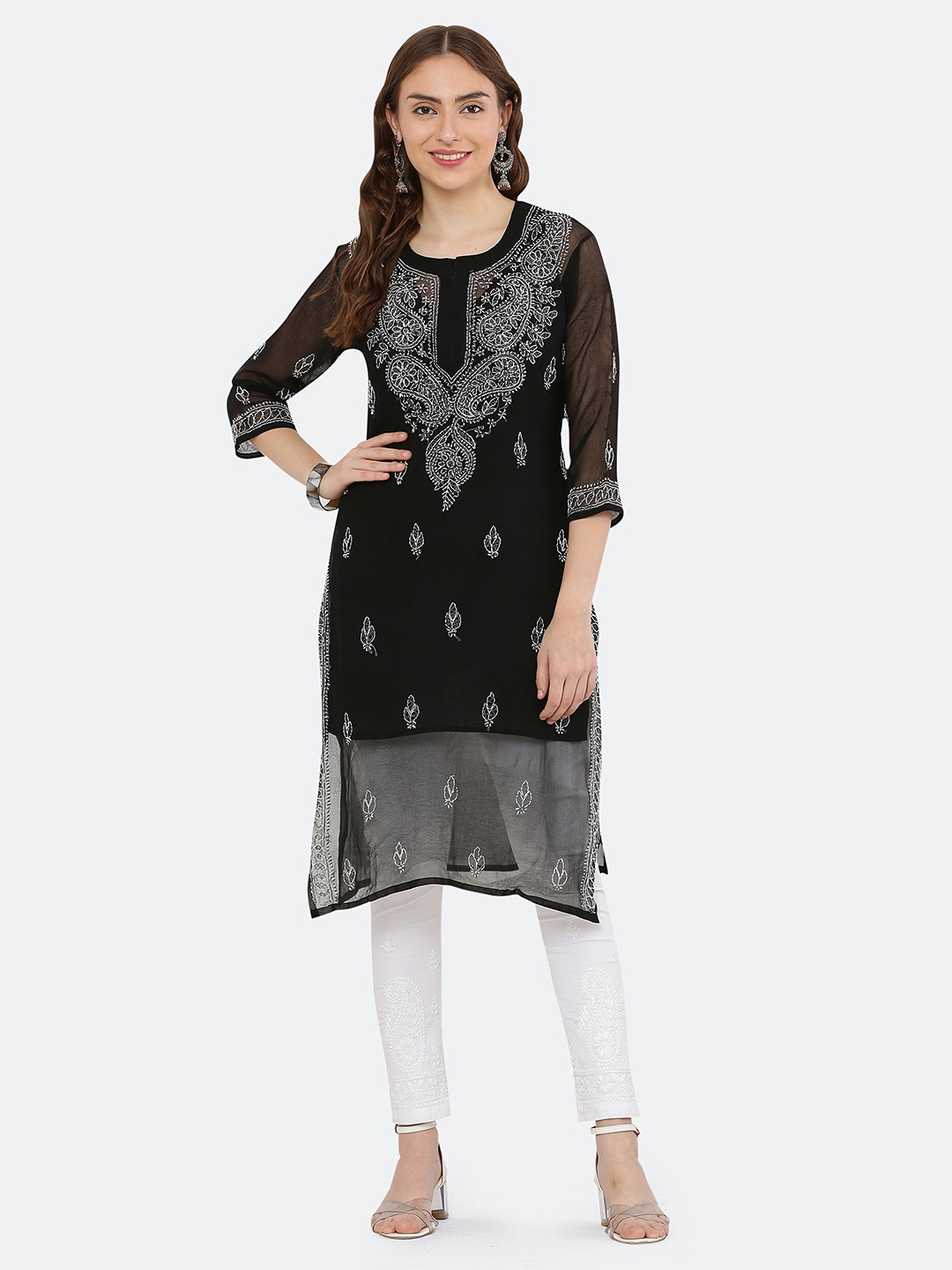 

FAWOMENT Ethnic Motifs Embroidered Georgette Kurta, Black