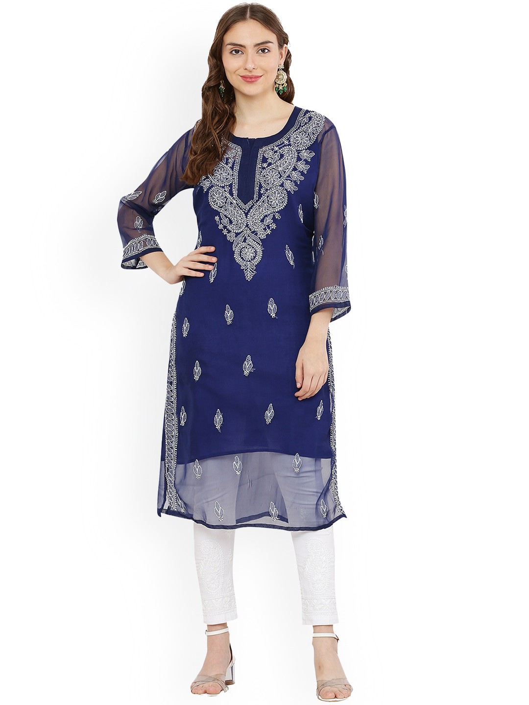 

FAWOMENT Women Ethnic Motifs Embroidered Thread Work Georgette Kurta with Inner, Navy blue
