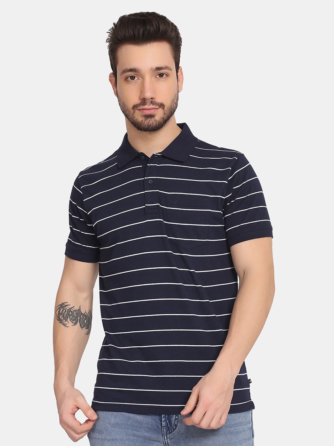 

Blackberrys Men Navy Blue & White Striped Polo Collar Cotton T-shirt