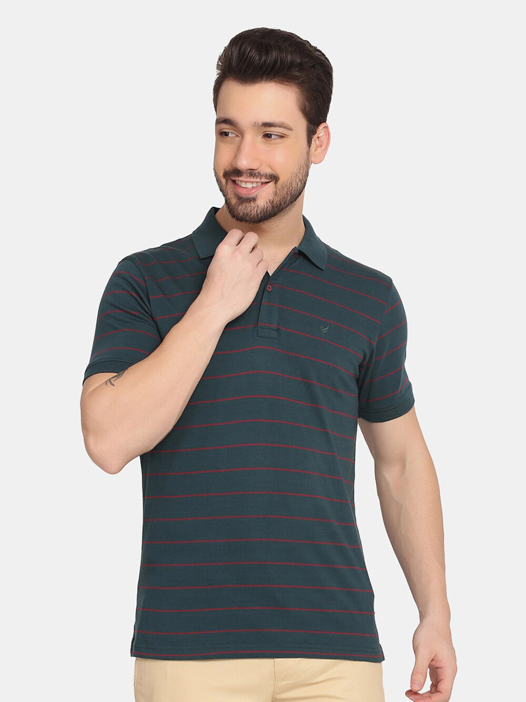 

Blackberrys Men Green Striped Polo Collar Cotton T-shirt