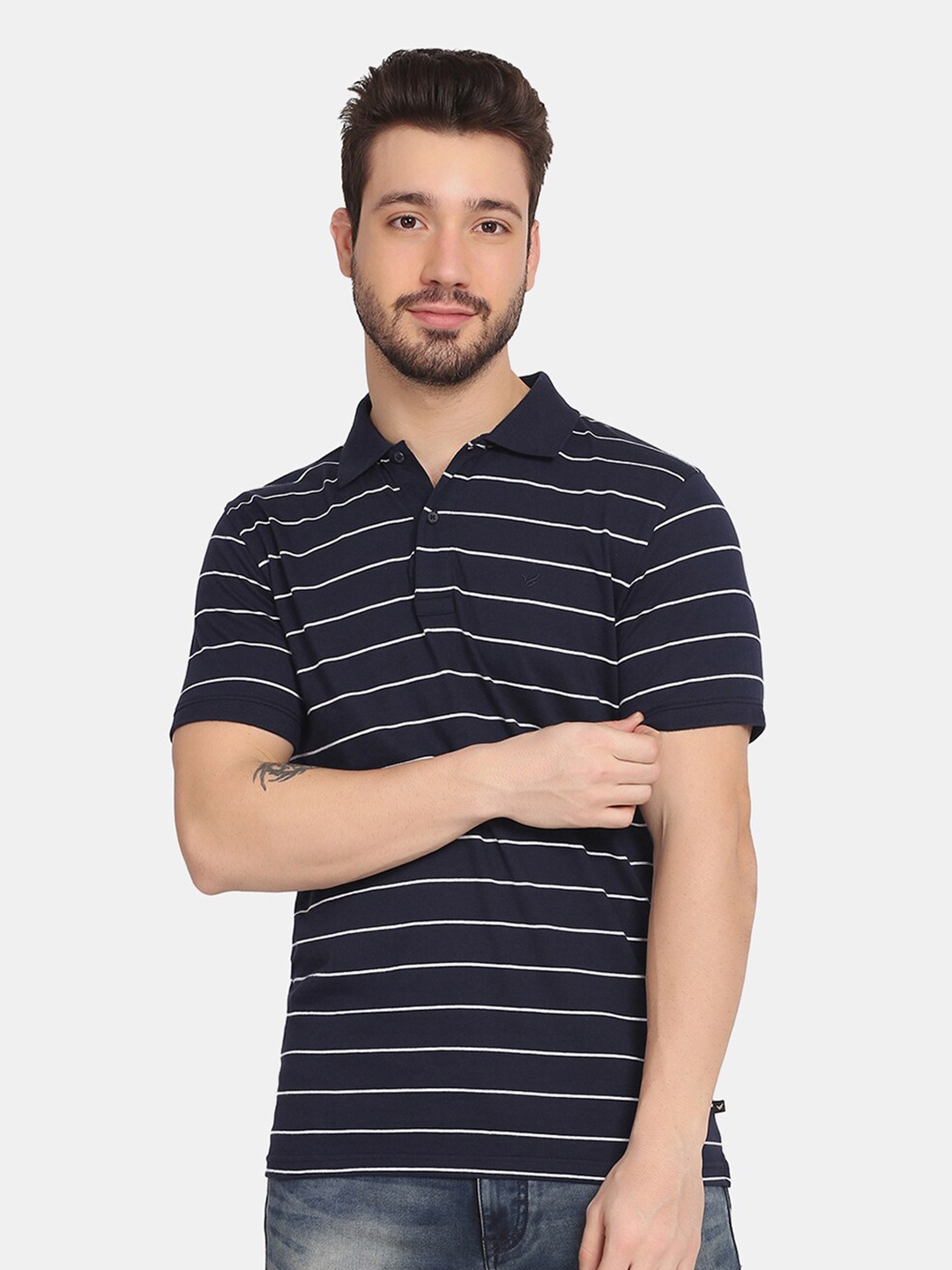 

Blackberrys Men Navy Blue & White Striped Polo Collar Cotton T-shirt