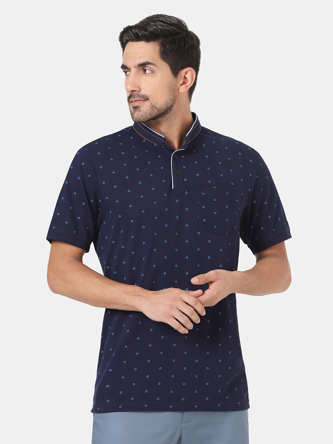 

Blackberrys Men Navy Blue Printed Mandarin Collar Cotton T-shirt
