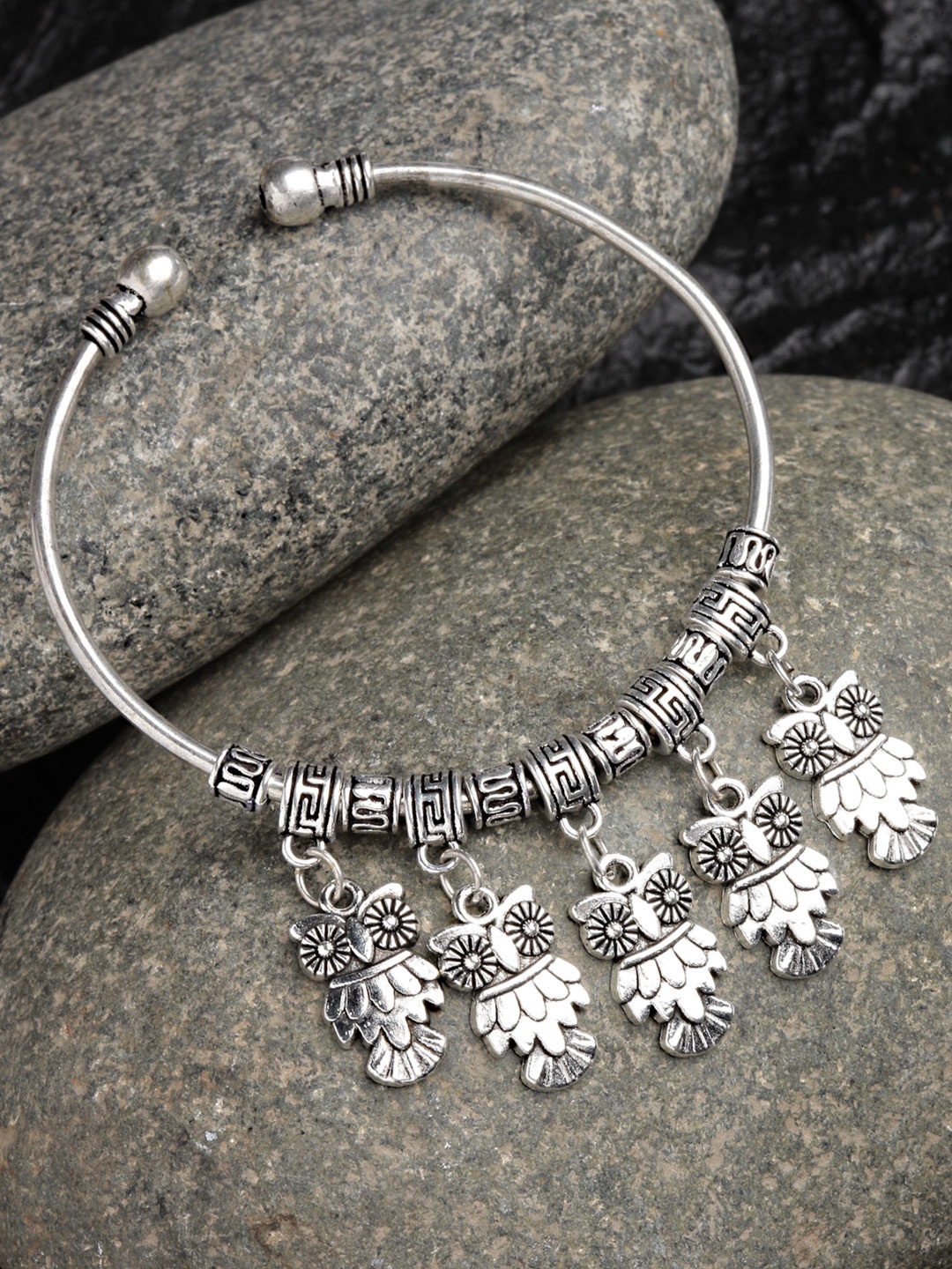 

Sanjog German Silver Oxidized Owl Charm Adjustable Bangle