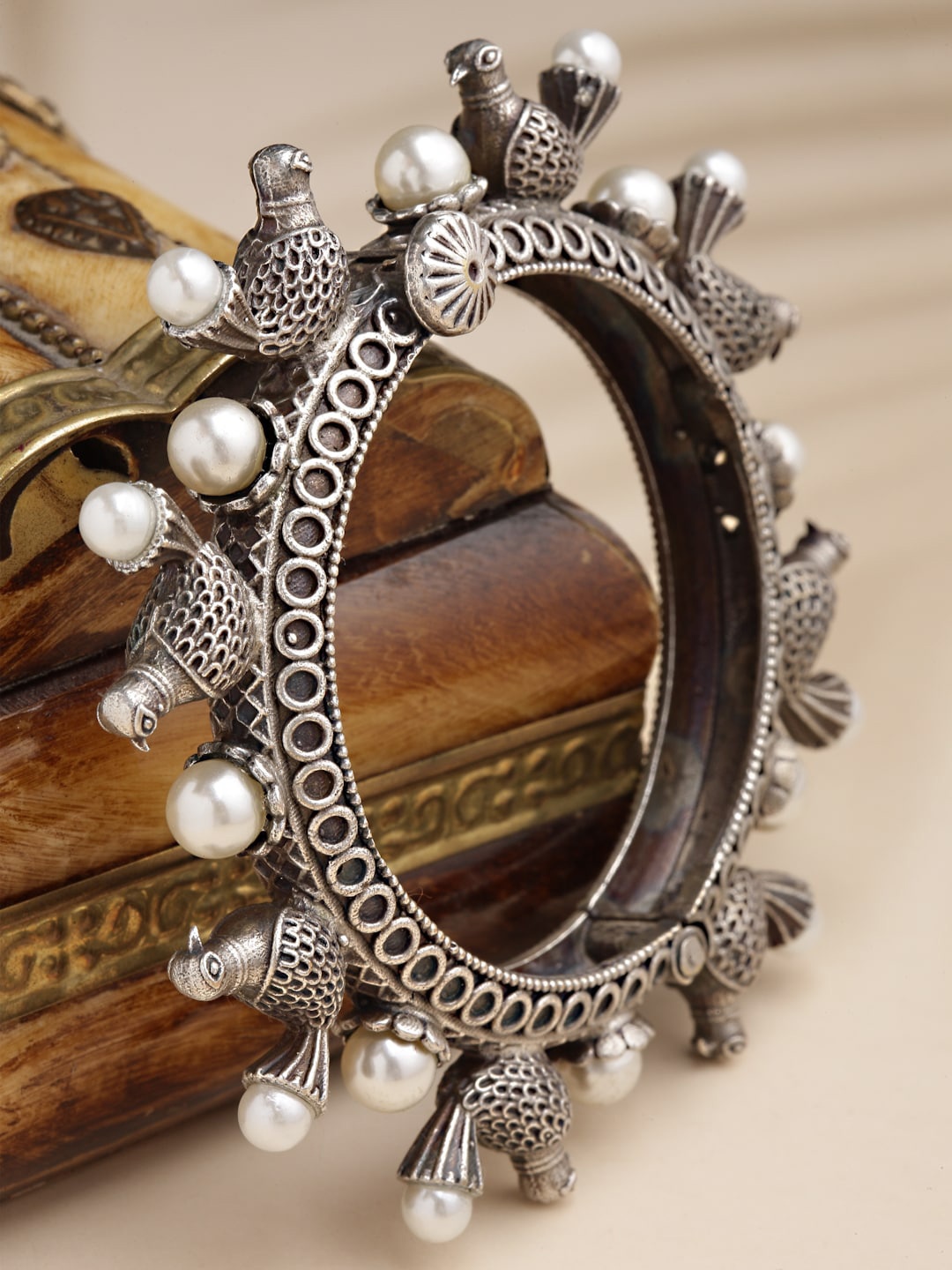 

Sanjog Silver-Toned & White Silver-Plated Pearl Studded Antique Adjustable Bangle