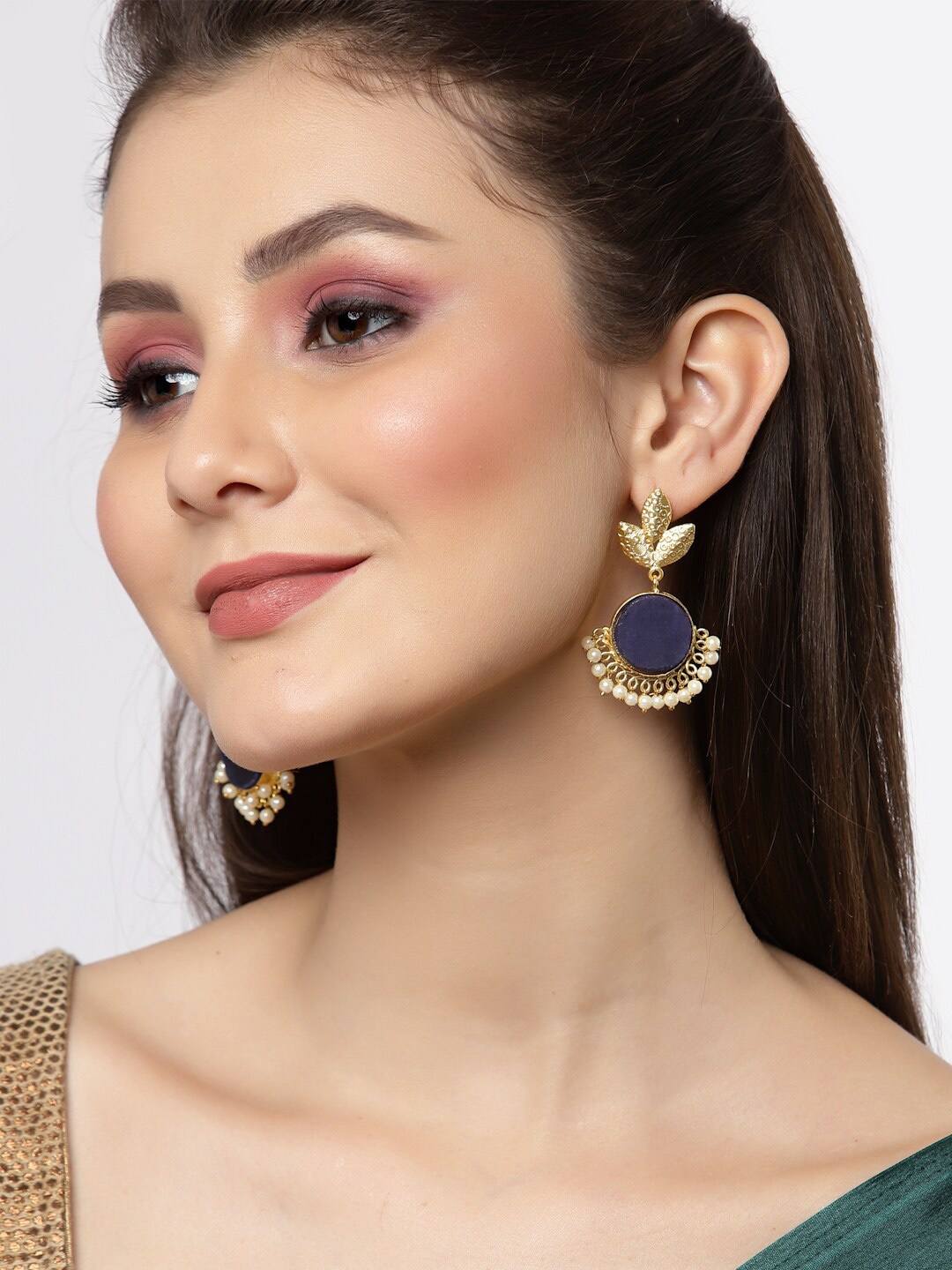 

Sanjog Blue & White Gold-Plated Circular Drop Earrings