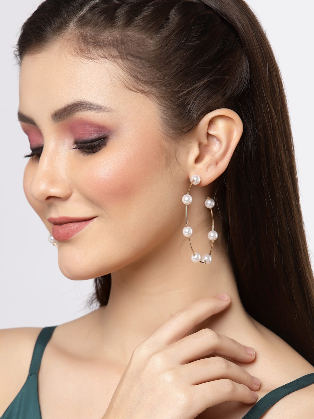 

Sanjog White & Gold-Plated Pearls Circular Half Hoop Earrings