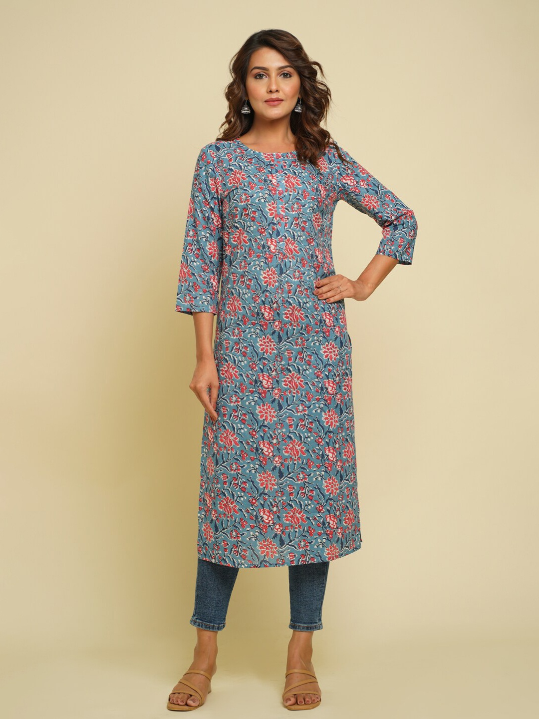 

CRAFTED FOR YOU Women Blue & Pink Floral Printed Pure Cotton Kurta