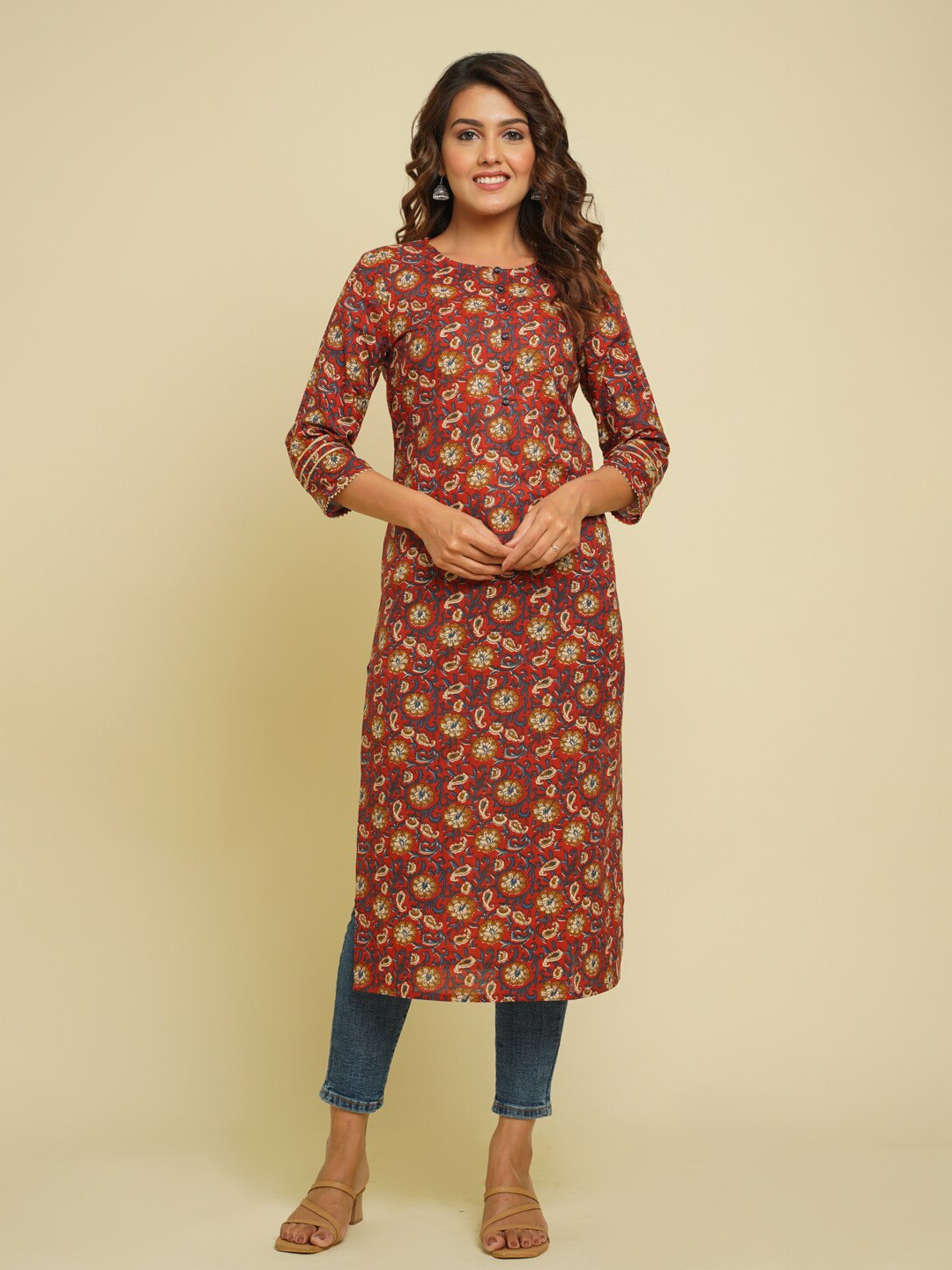 

CRAFTED FOR YOU Women Red & Mustard Yellow Floral Printed Pure Cotton Kurta