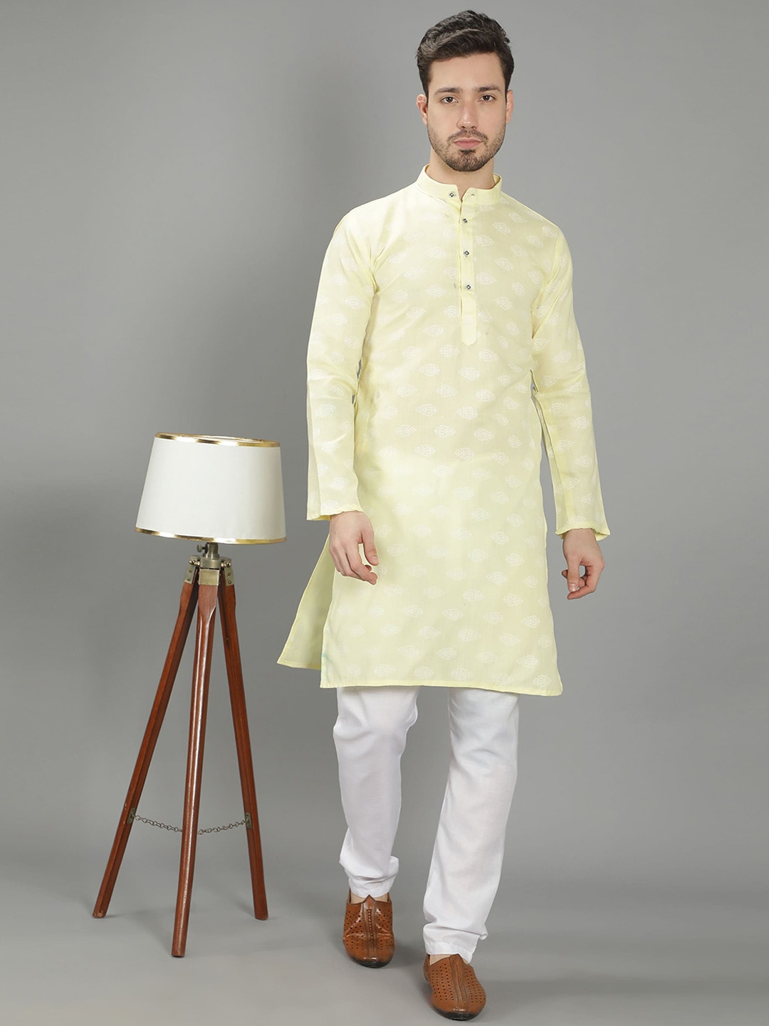 

LacyLook Ethnic Motifs Woven Design Mandarin Collar Cotton Kurta, Yellow