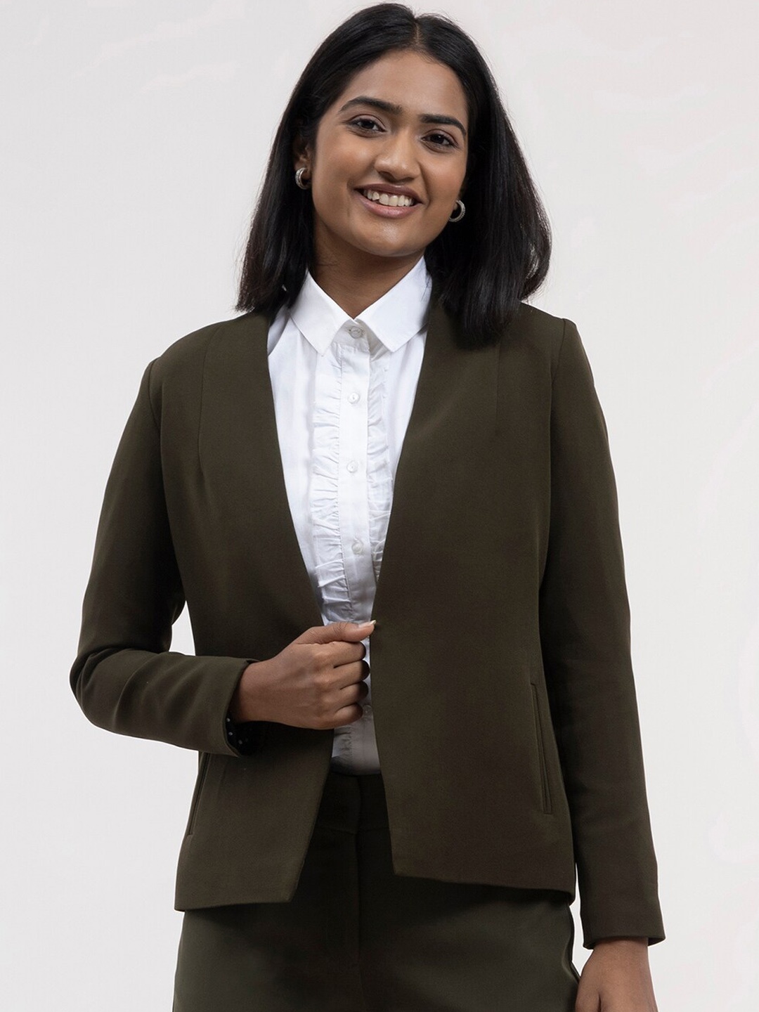 

FableStreet Women Olive Green Open Front Blazer