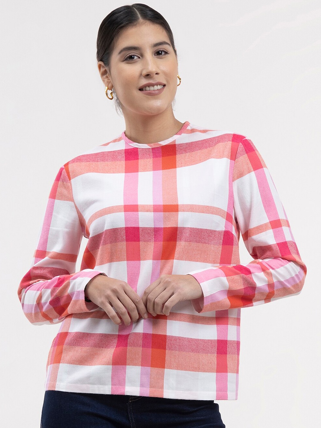 

FableStreet Women White & Orange Checked Round Neck Top