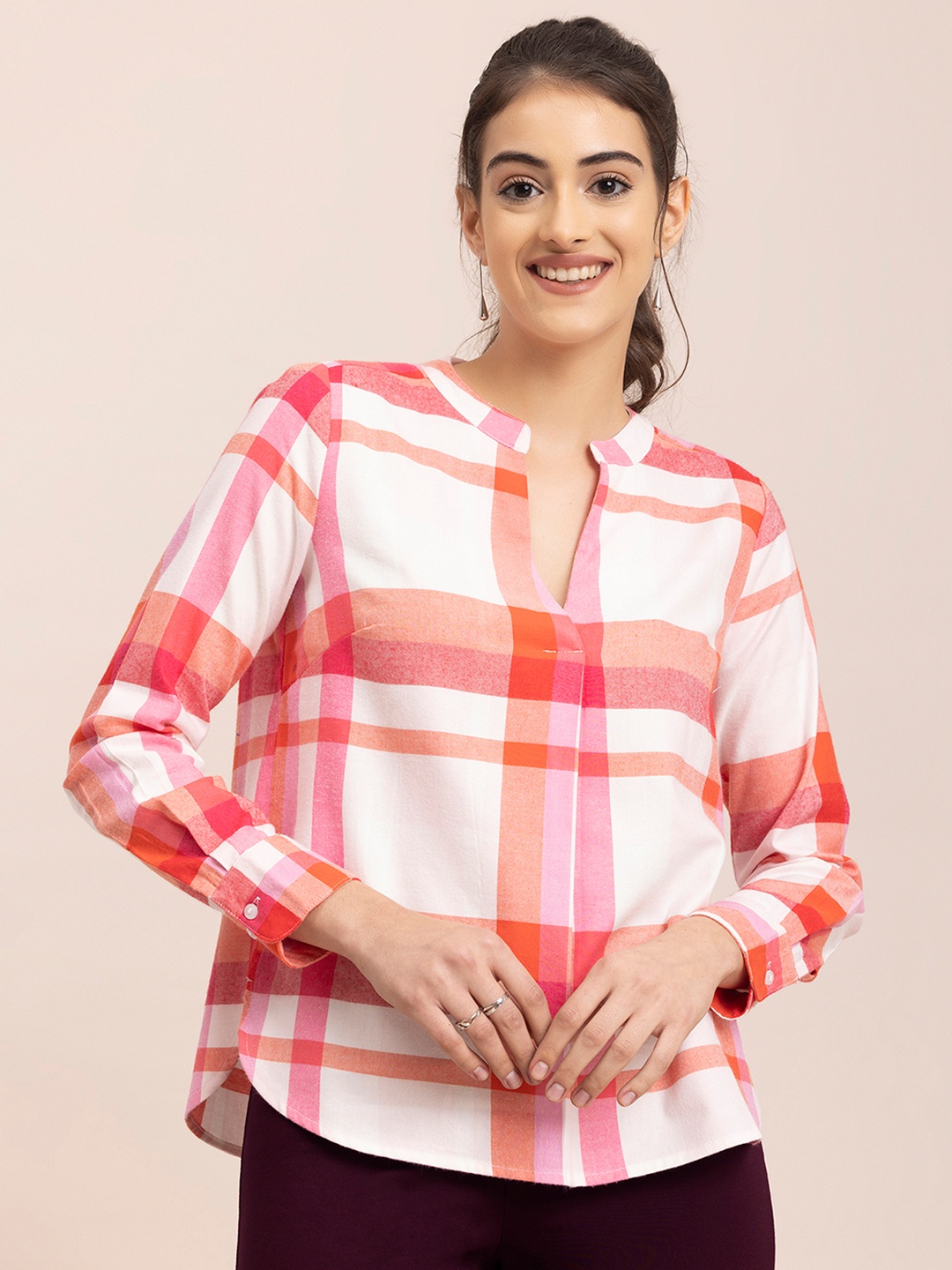 

FableStreet Women White & Orange Checked Shirt Style Top