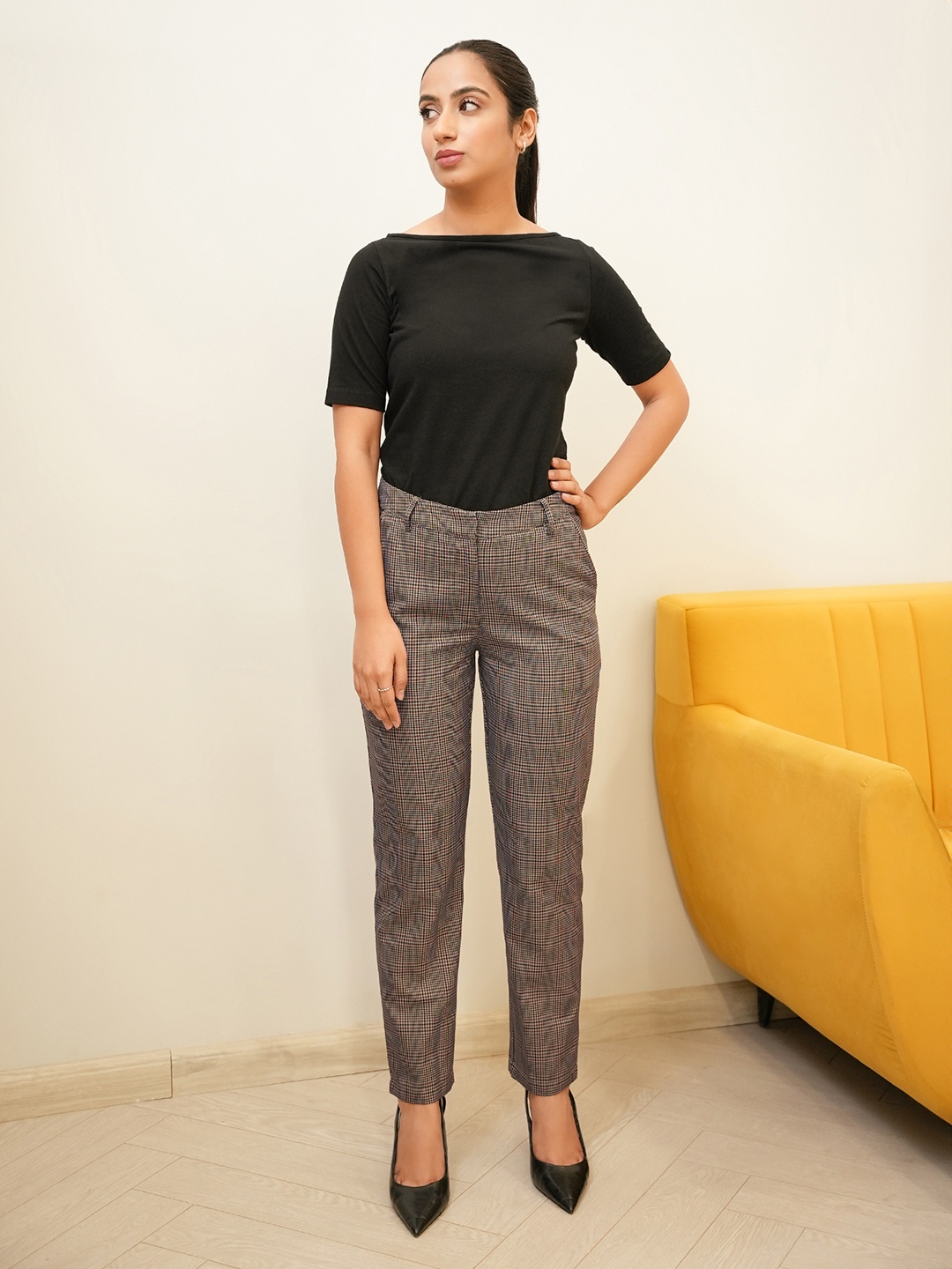 

FableStreet Women Brown & Black Checked Cotton Formal Trousers