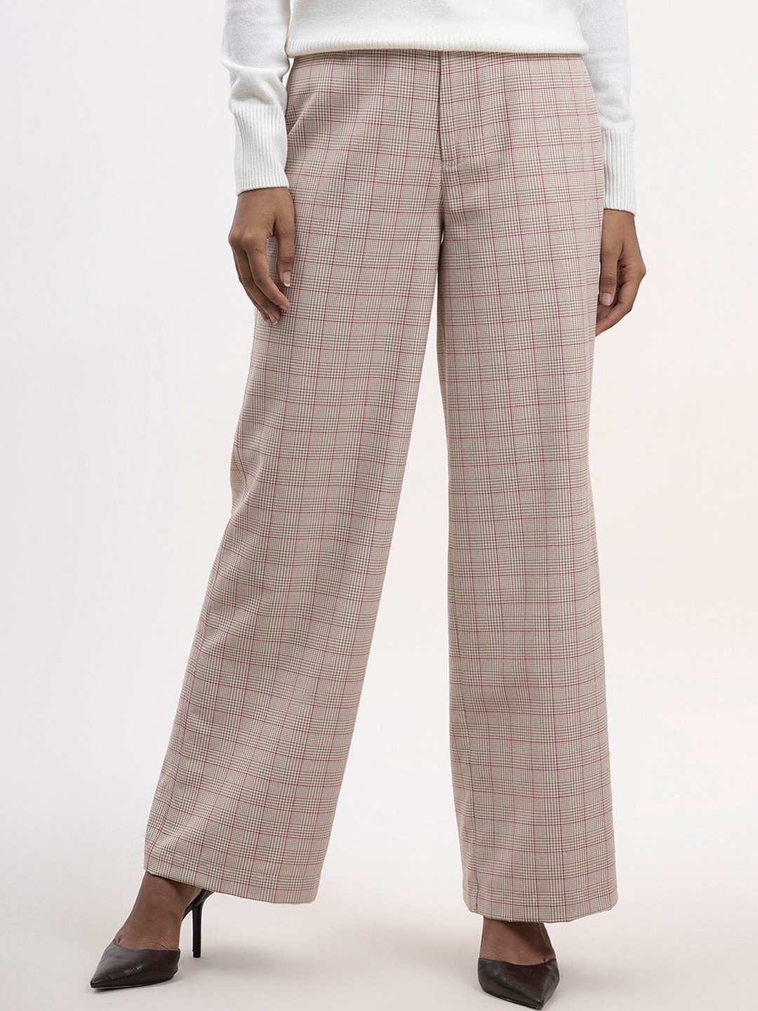 

FableStreet Women Beige Checked Cotton Parallel Trouser