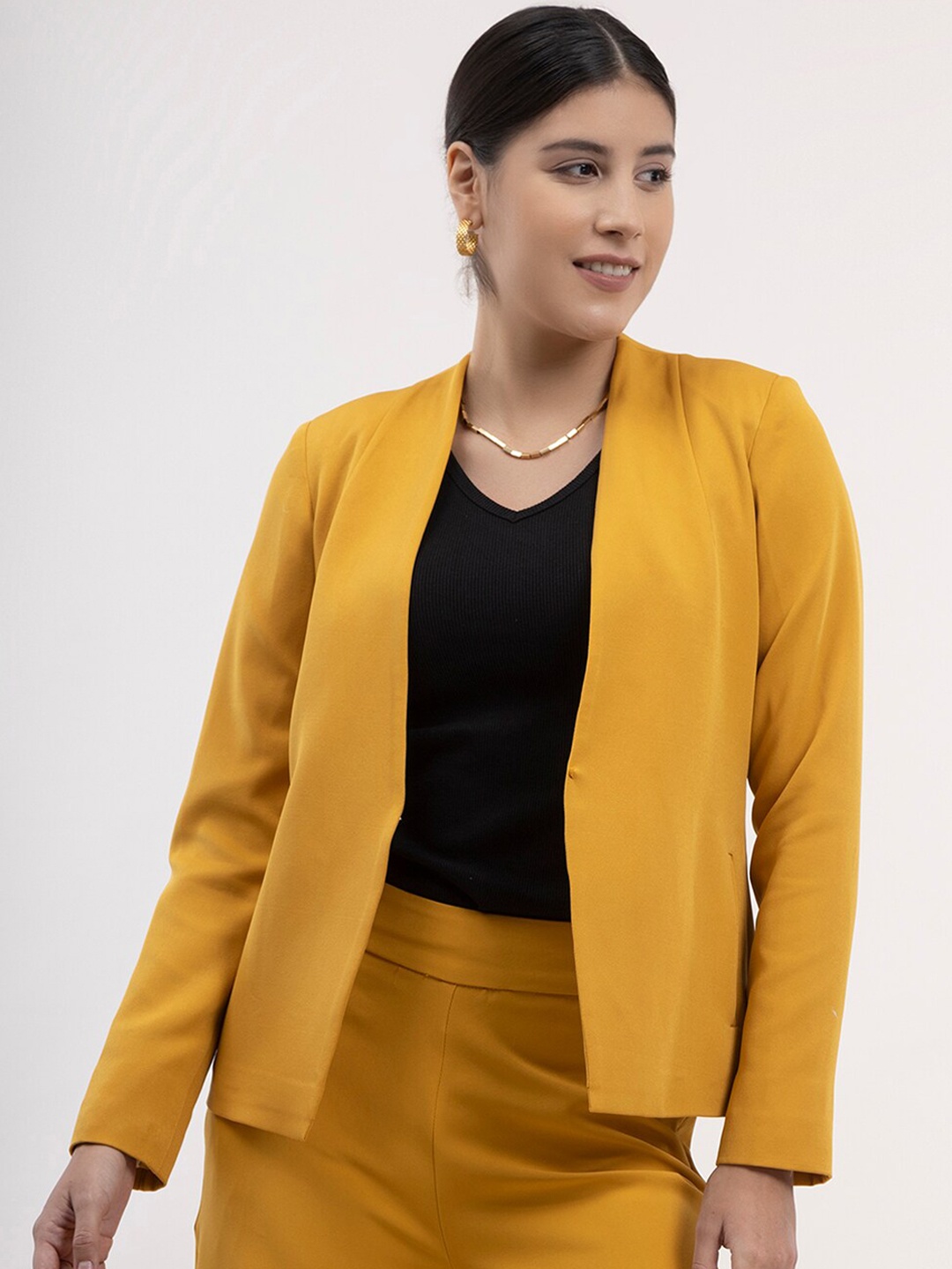 

FableStreet Women Mustard Formal Open Front Blazer