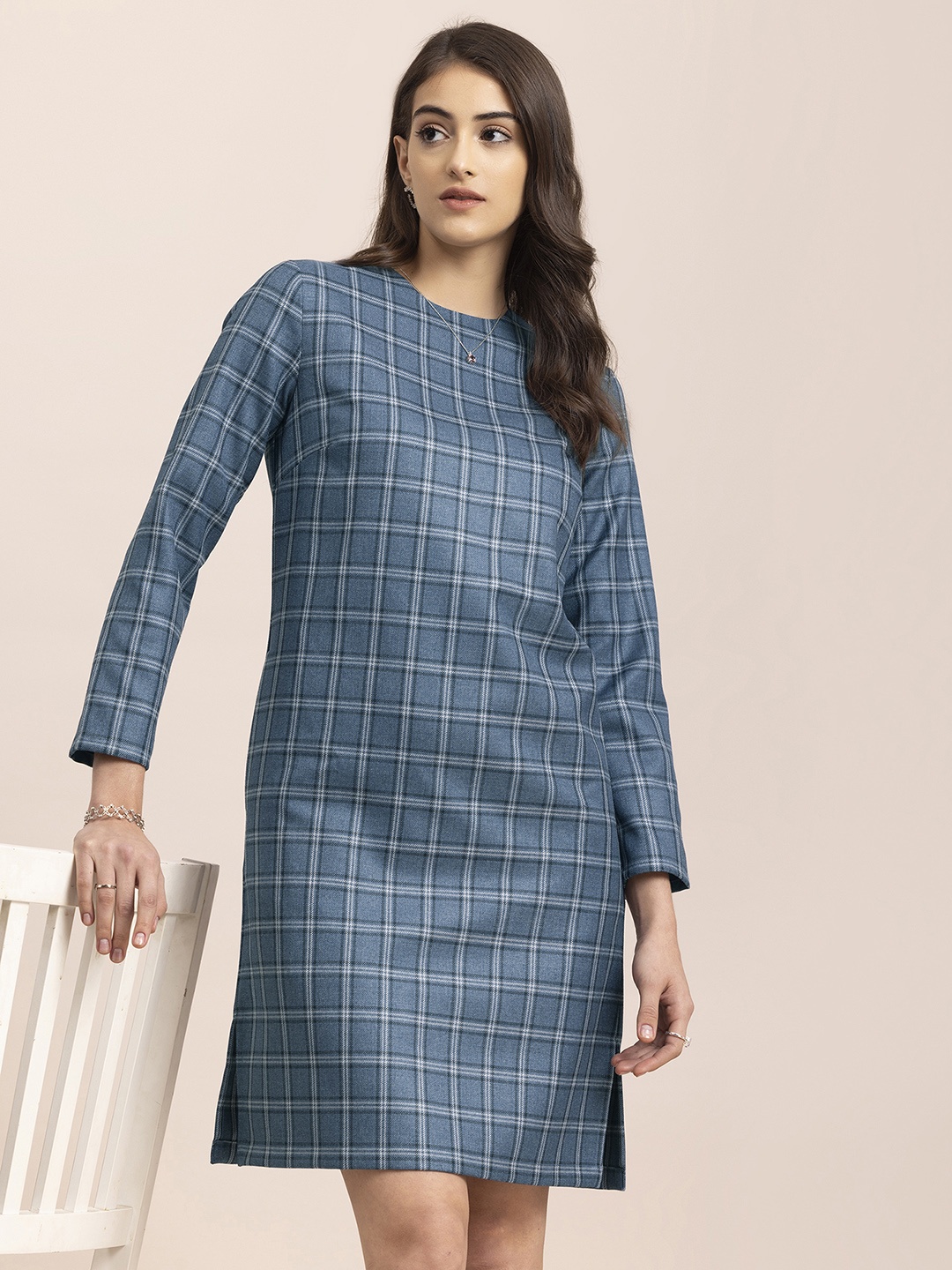 

FableStreet Blue Checked Sheath Dress