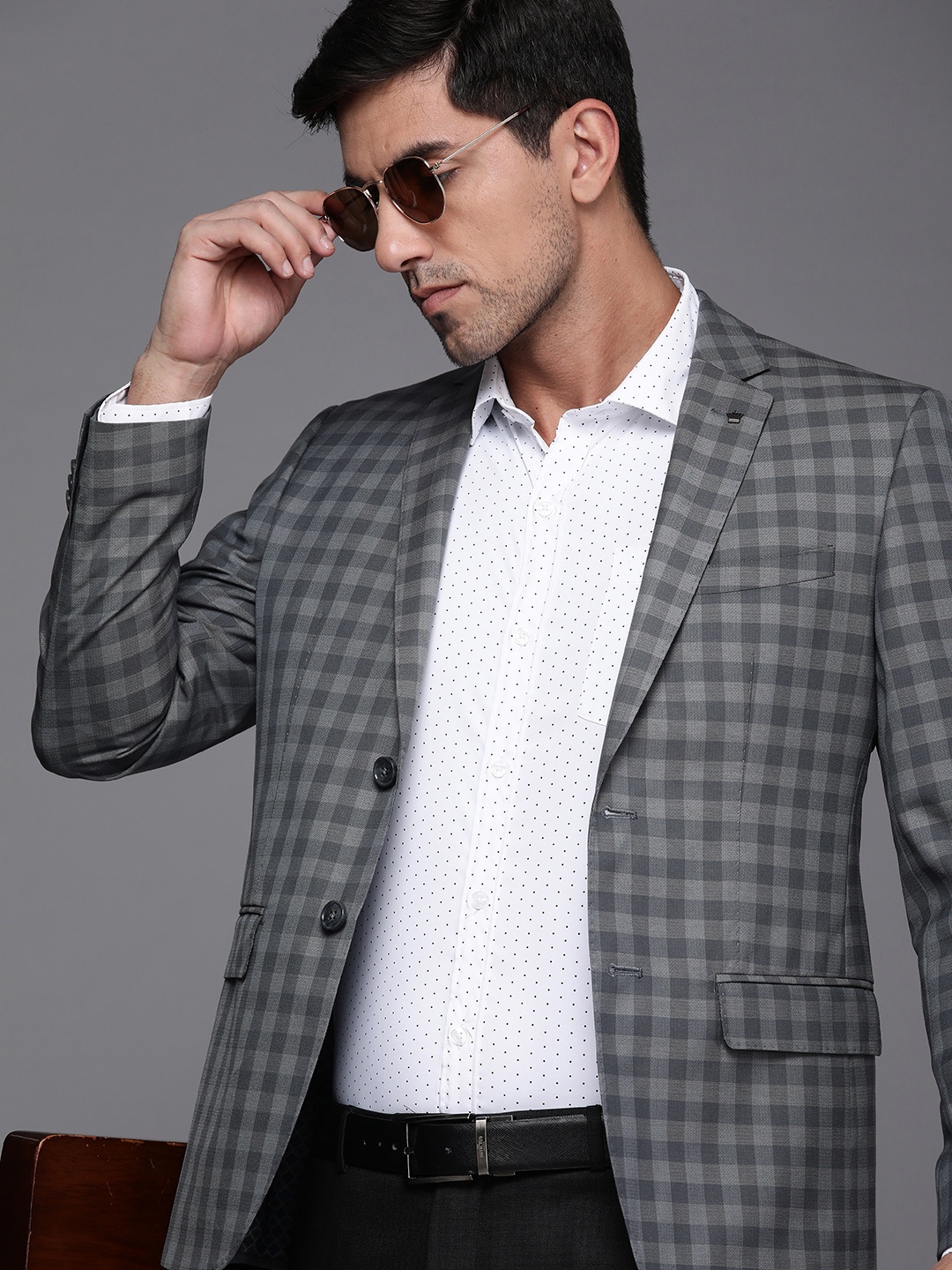 

Louis Philippe Men Checked Single-Breasted Slim-Fit Formal Blazer, Grey