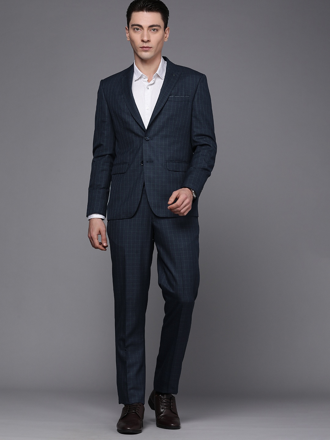 

Louis Philippe Men Checked Single-Breasted Slim Fit 2-Piece Formal Suit, Navy blue