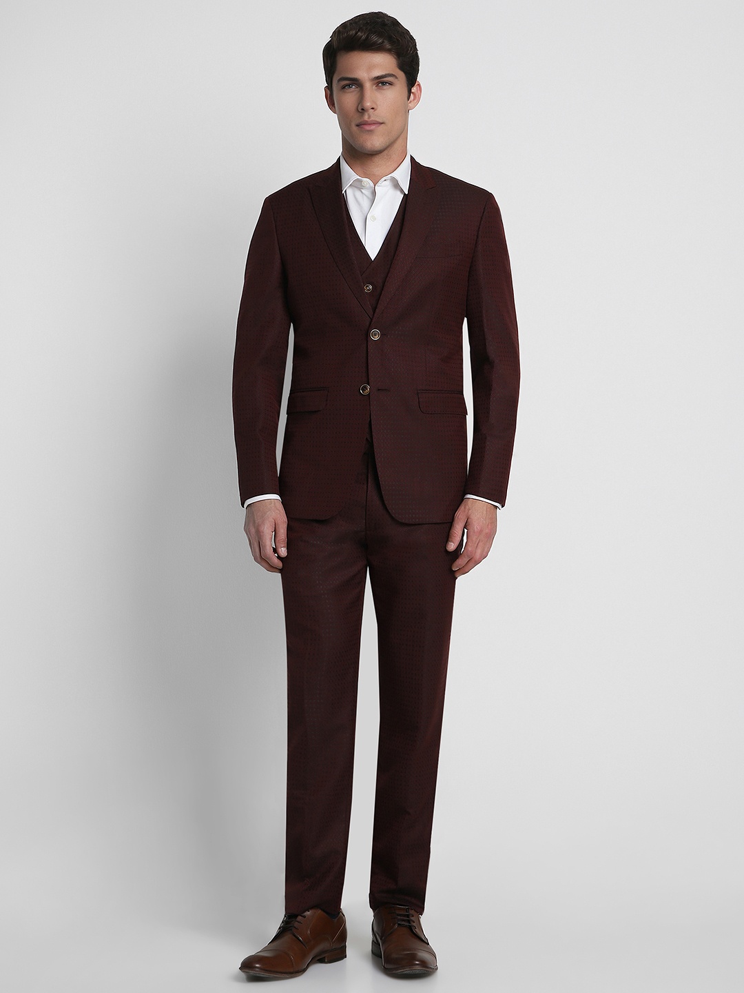 

Louis Philippe Burgundy Textured Slim Fit Single Breasted 3-Piece Formal Suit