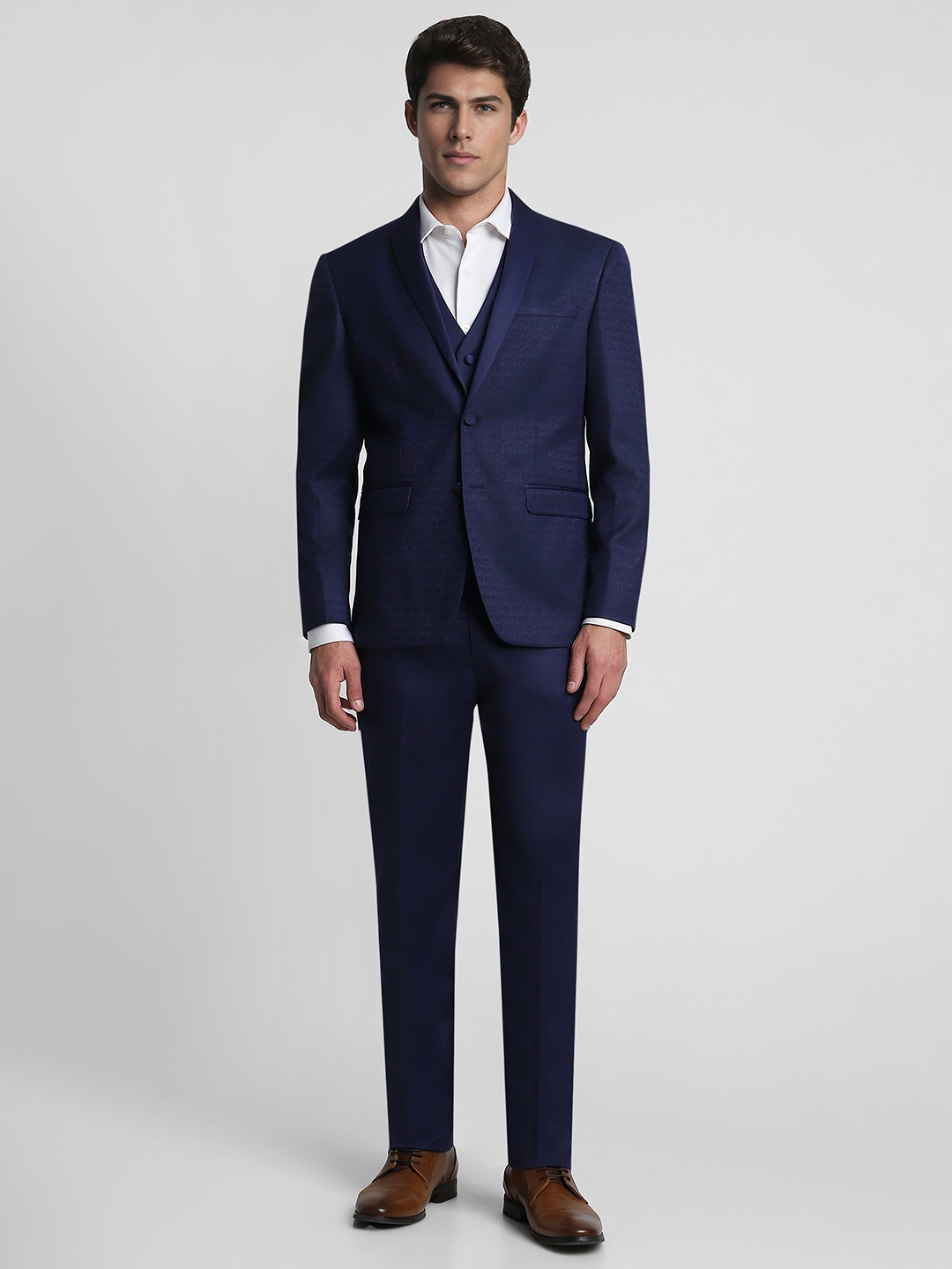 

Louis Philippe Self-Design Textured Slim-Fit Single Breasted Three Piece Suit, Navy blue