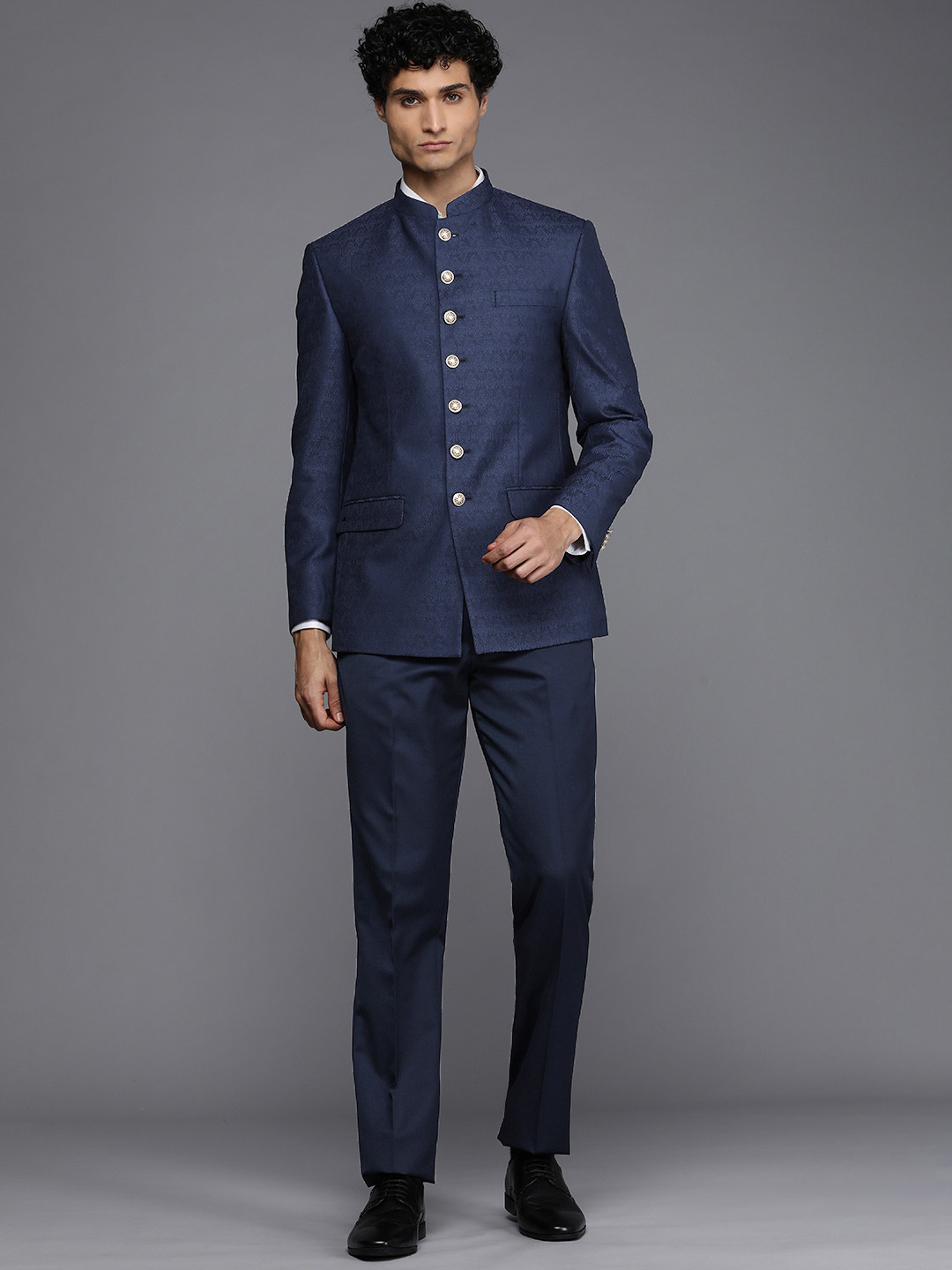 

Louis Philippe Men Self Design Bandhgala 2 Piece Formal Suit, Navy blue