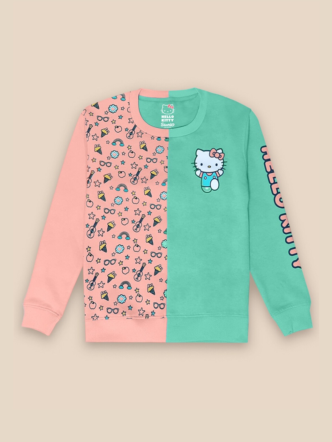 

Kids Ville Girls Peach & Green Hello Kitty Printed Sweatshirt