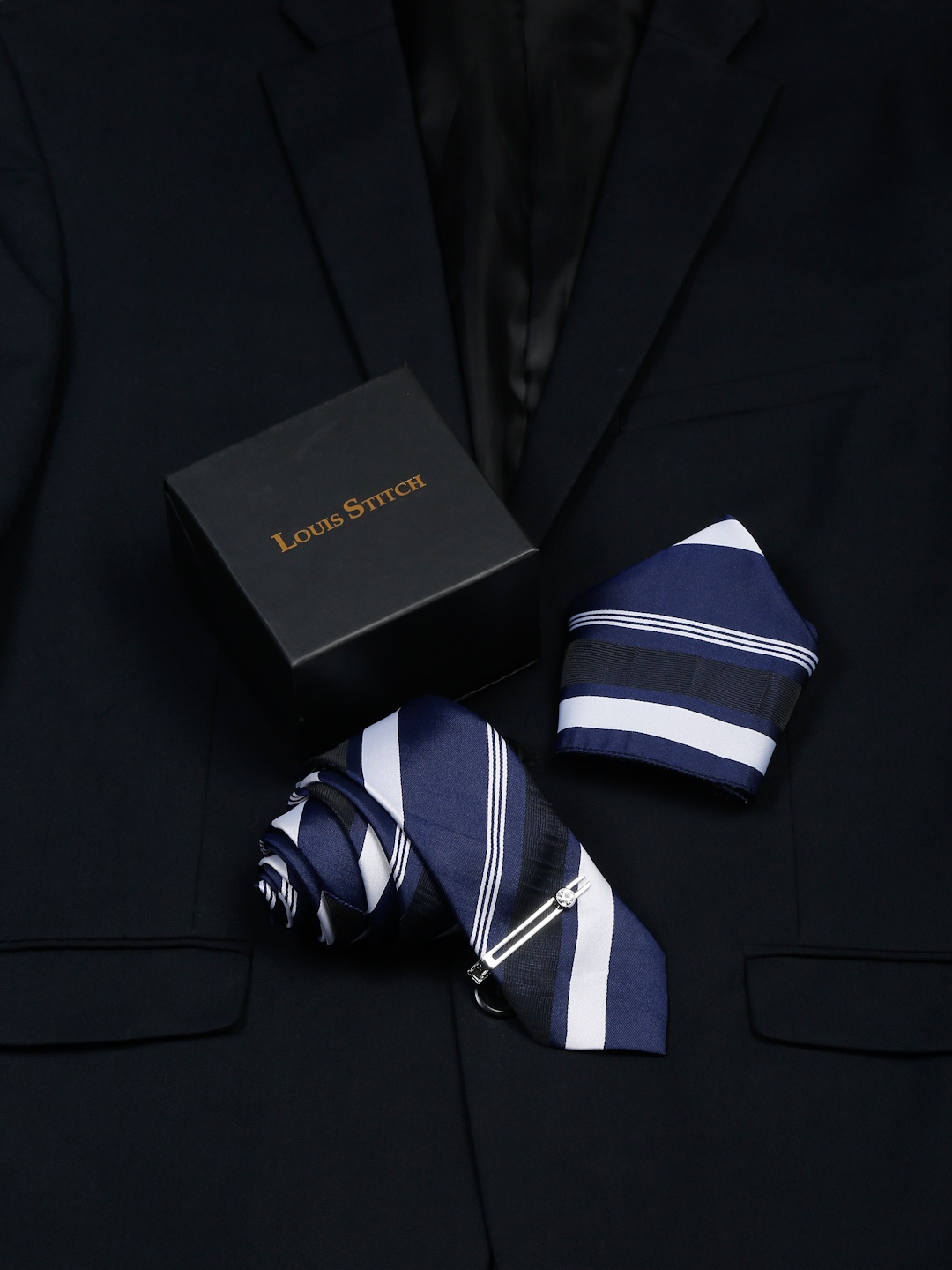 

LOUIS STITCH Men Striped Italian Silk Necktie Accessory Gift Set, Blue