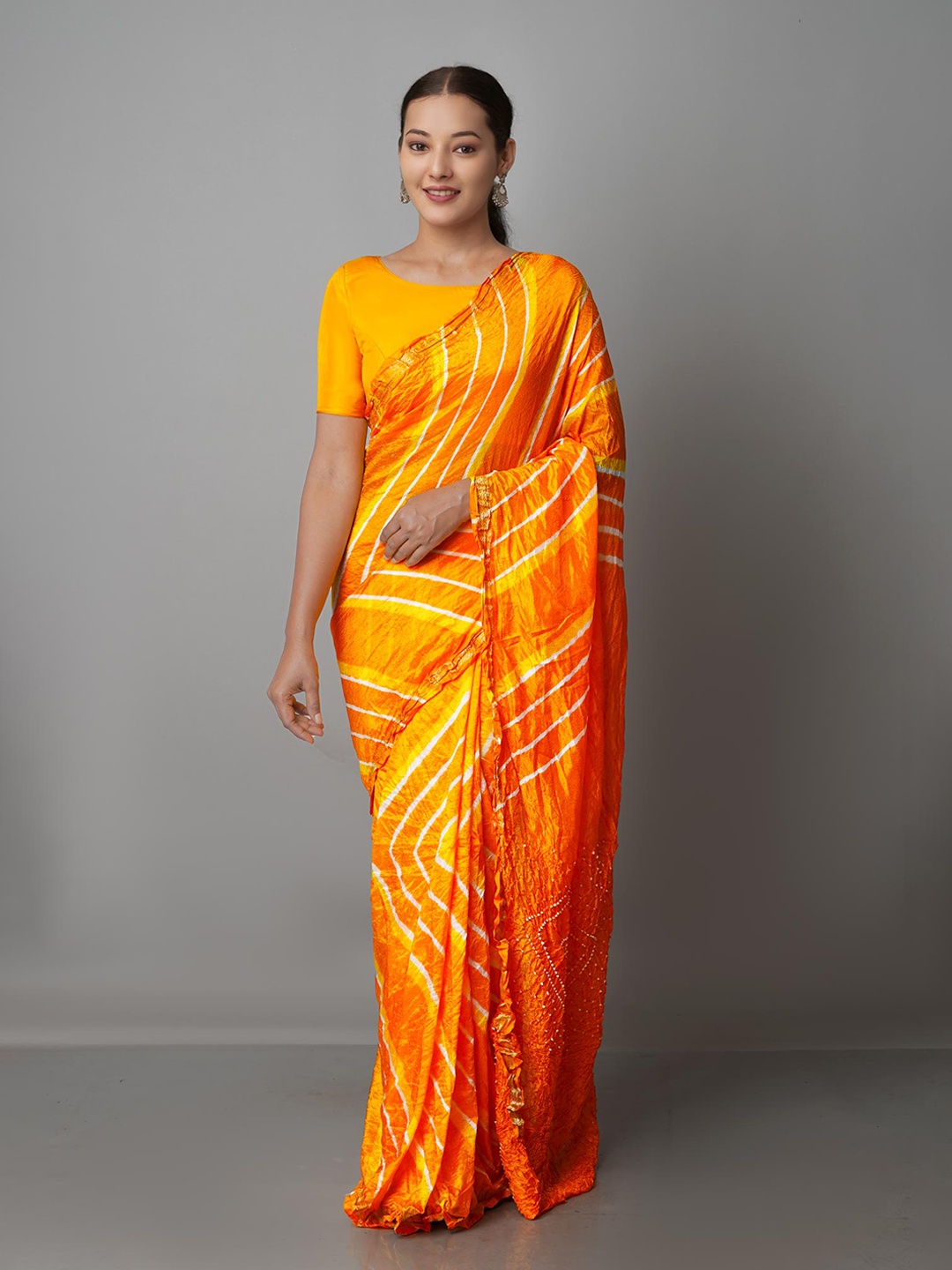 

Unnati Silks Yellow & Off White Bandhani Zari Bandhani Saree
