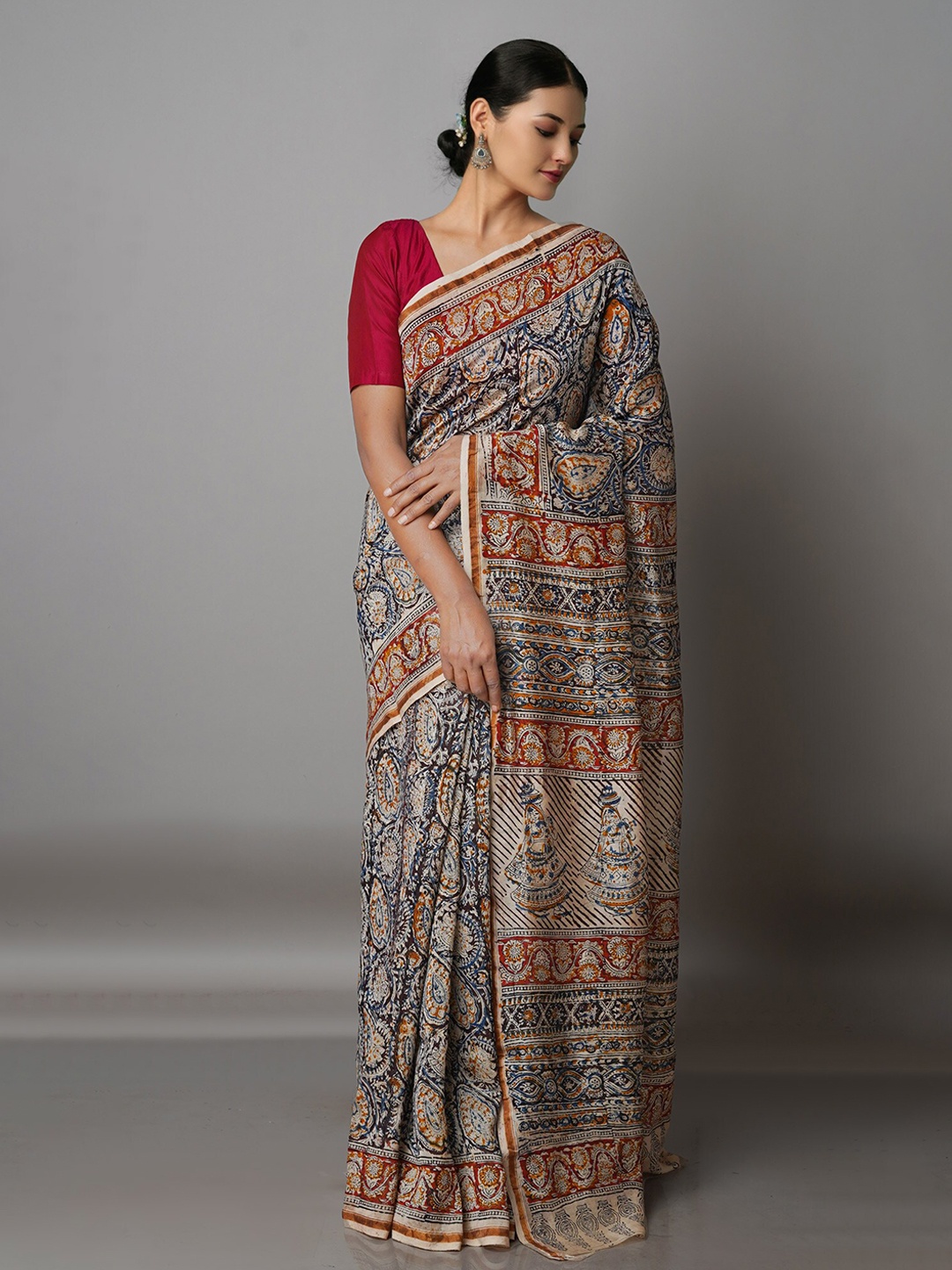 

Unnati Silks Brown & Red Kalamkari Silk Cotton Chanderi Saree