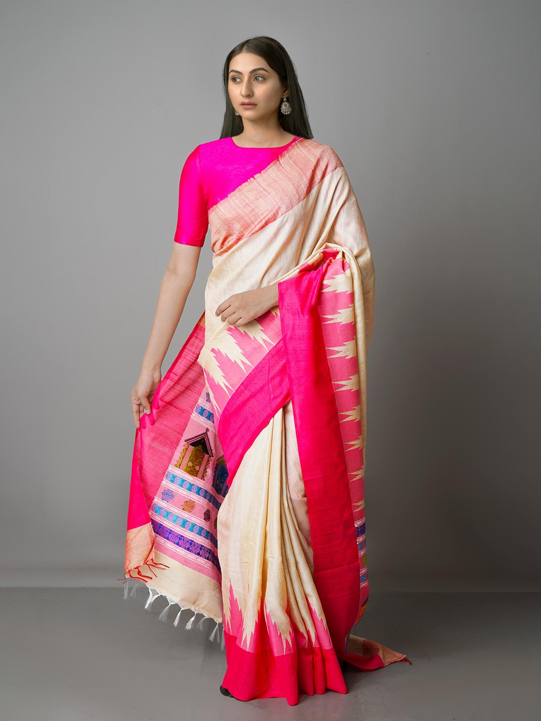

Unnati Silks Brown & Pink Zari Pure Silk Tussar Saree