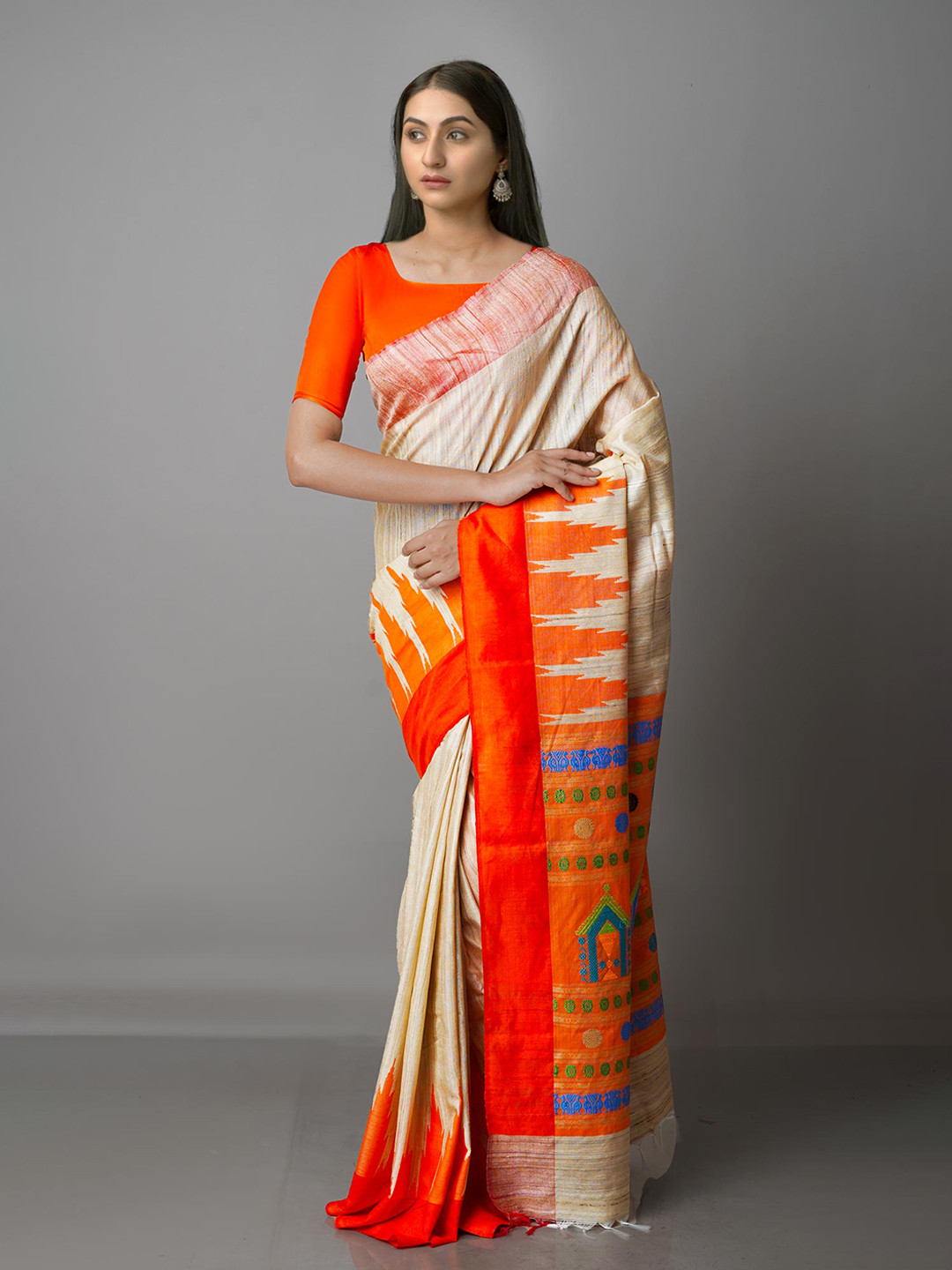 

Unnati Silks Beige & Orange Pure Silk Tussar Saree