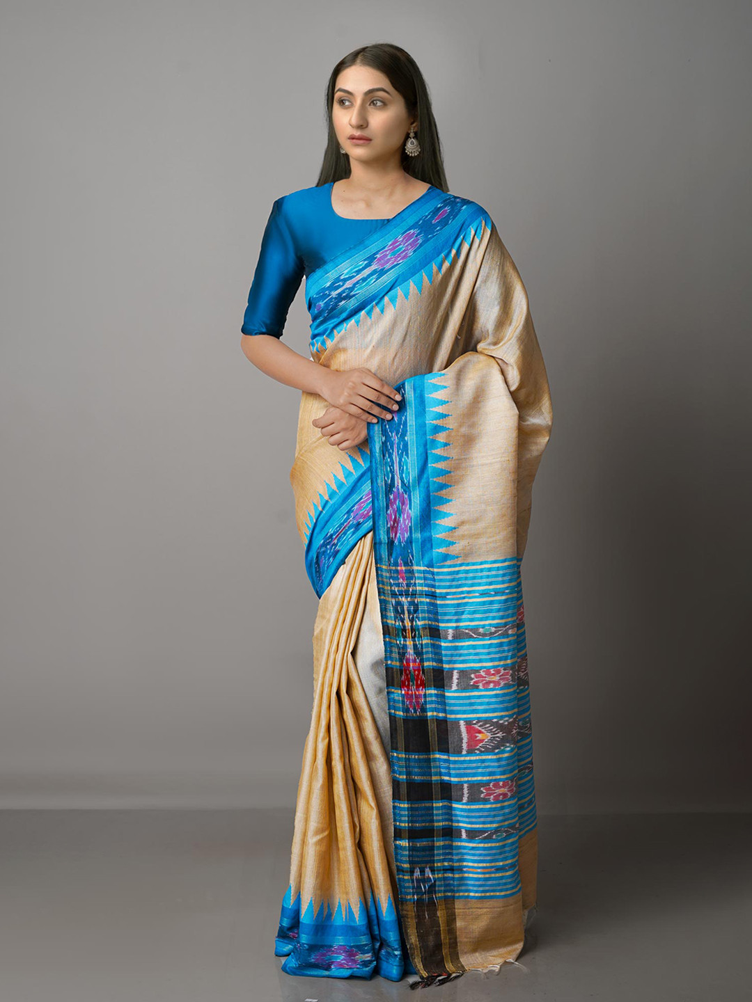 

Unnati Silks Brown & Blue Zari Pure Silk Tussar Saree