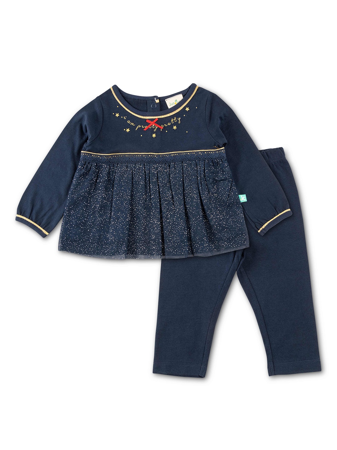 

JusCubs Girls Navy Blue & Gold-Toned Cotton Printed Tunic with Pyjamas