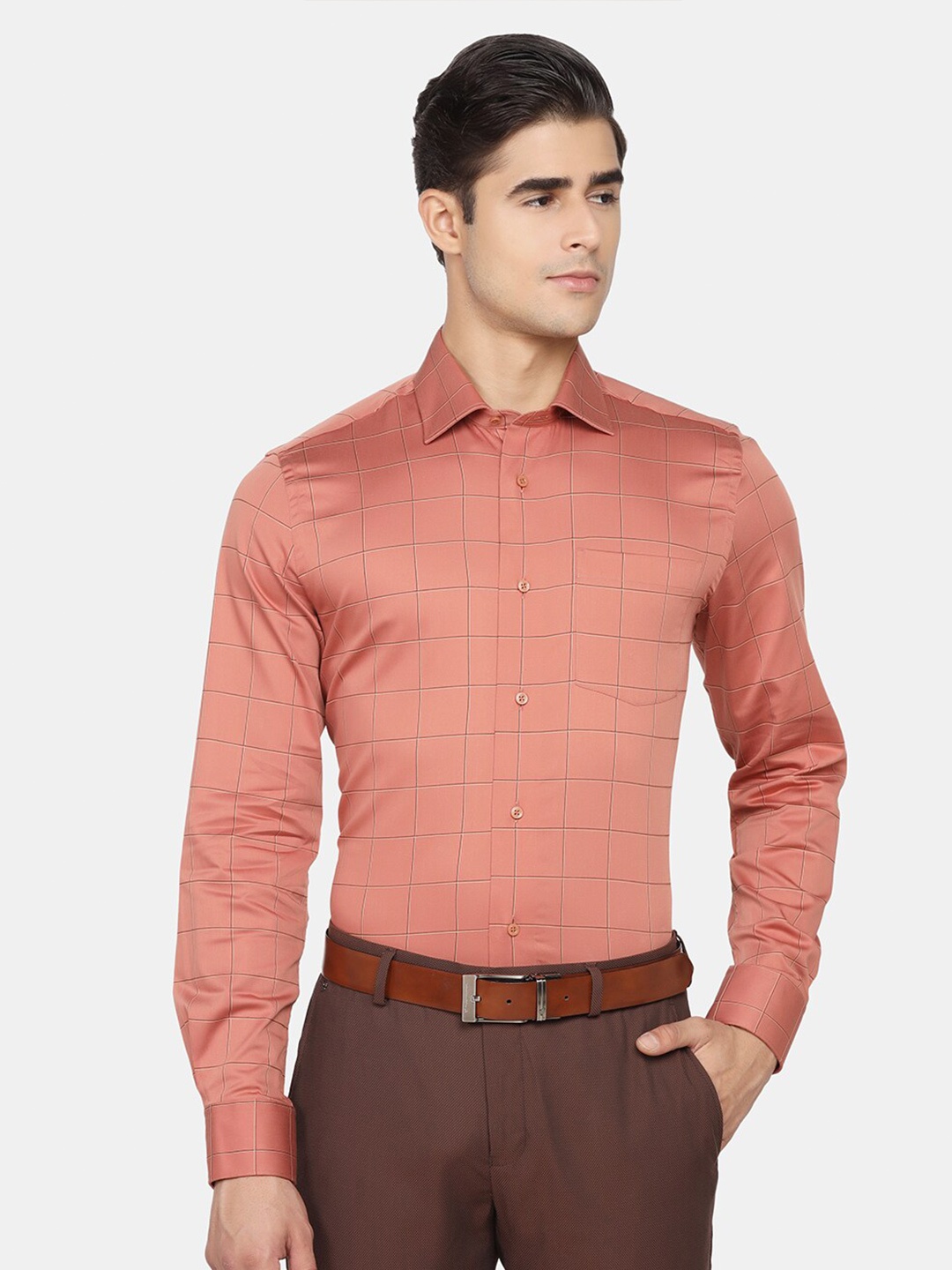 

Blackberrys Men Slim Fit Windowpane Checked Formal Shirt, Rust